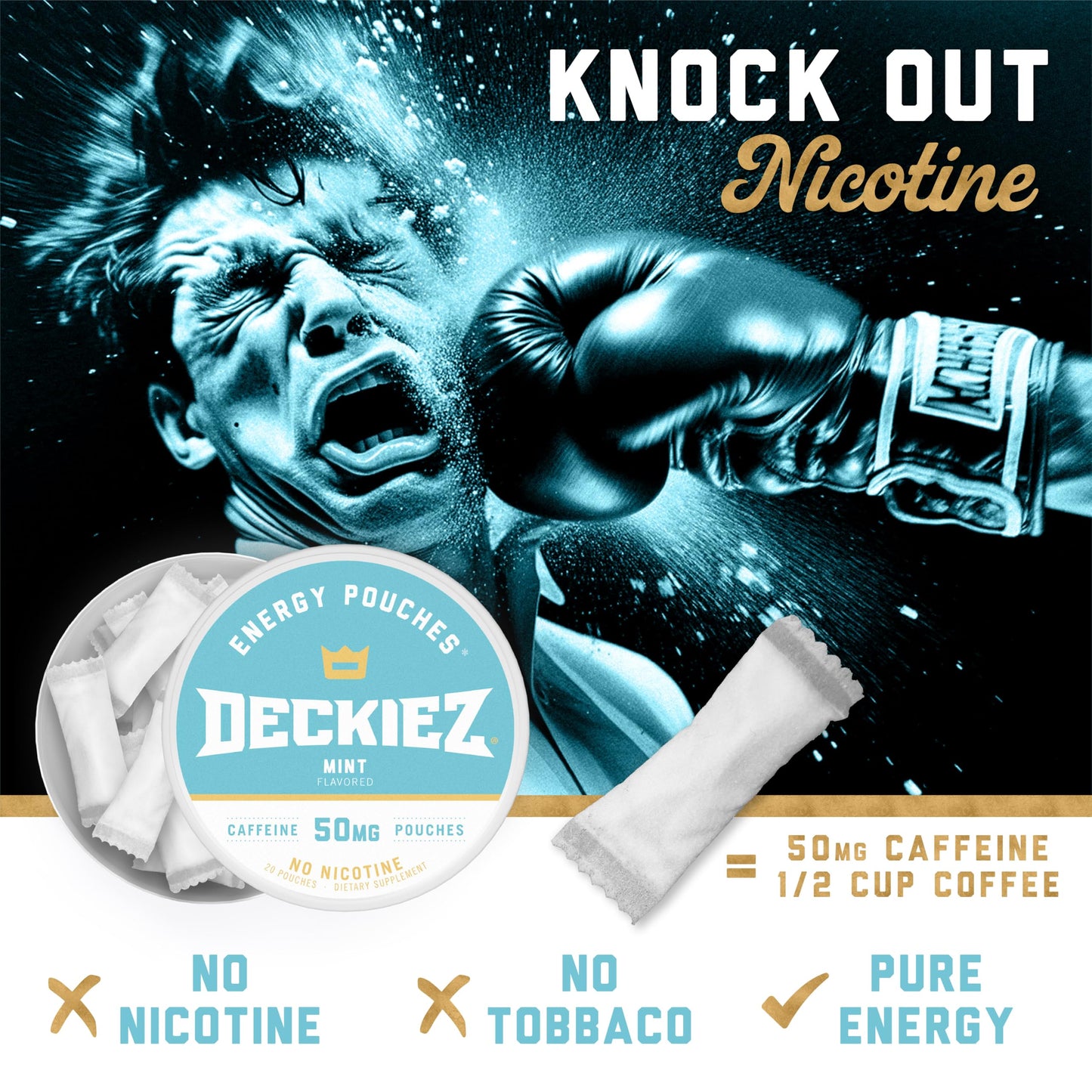 Deckiez Caffeine Pouches Chewable, Mint Flavor, Sugar Free, 50 mg Caffeine per Pouch, 40 Pouches
