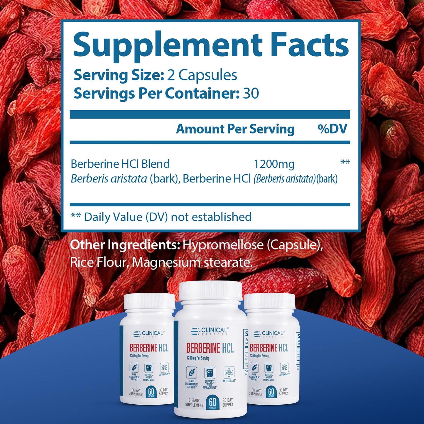 Clinical Effects Berberine HCL - Pure Berberine 1200mg - Liver Support - Vegan Supplement Capsules, 60 Count
