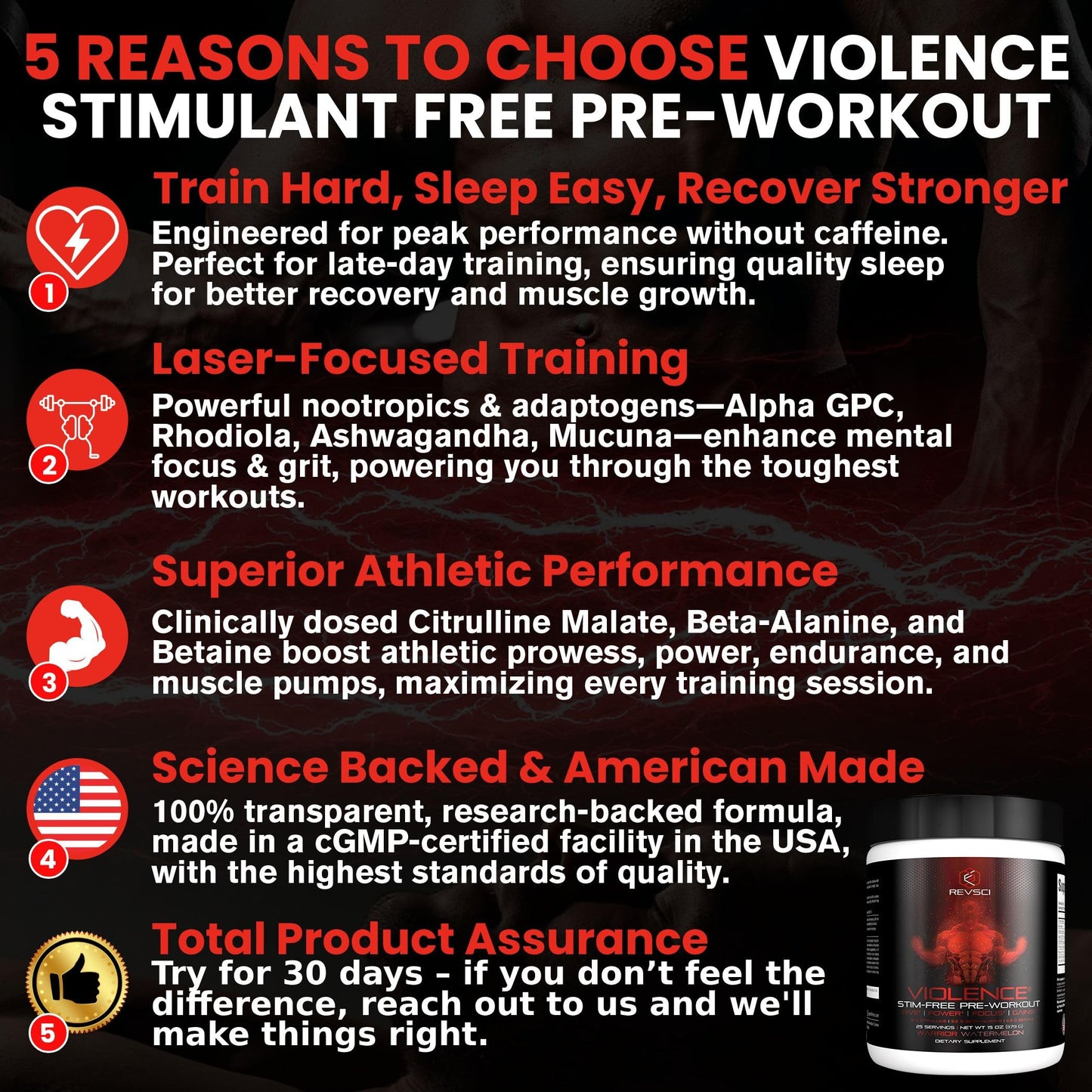 Revolution Science Violence Stim Free Pre Workout Powder, Clinically Dosed Powder, 15