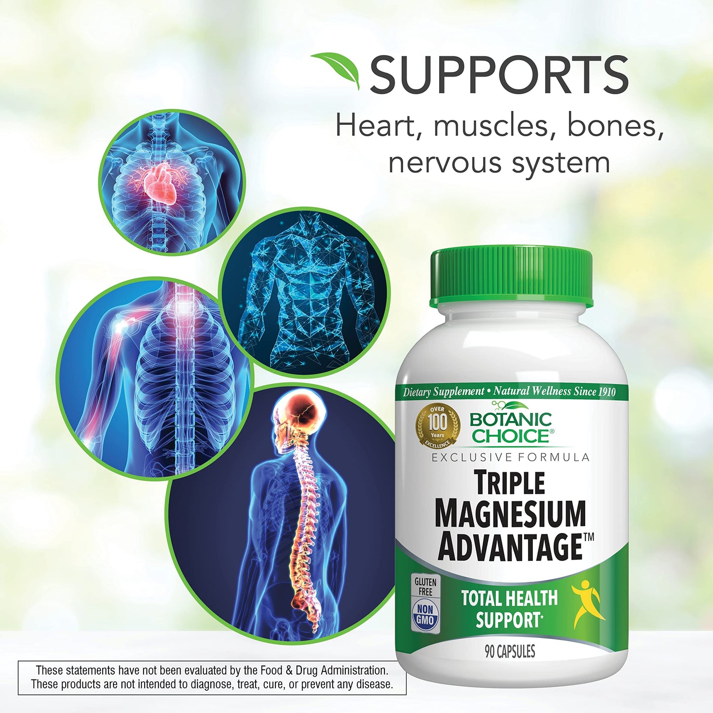 Botanic Choice Triple Magnesium Advantage Magnesium Aspartate Citrate & Lactate Complex Supplement for Nerve, Digestive, Muscular & Heart Health for Men & Women, 90 Capsules