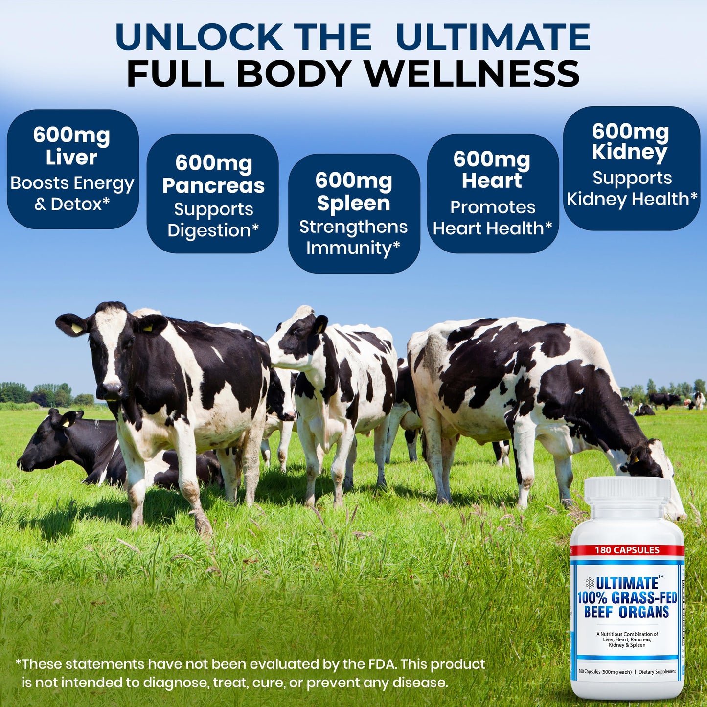Ultimate 100% Grass Fed Beef Organs Supplement Capsules 180 Count