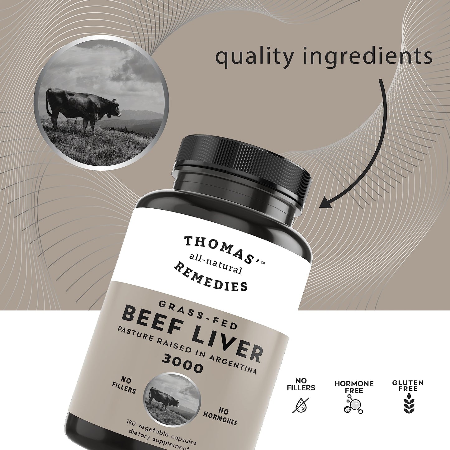 Thomas' all-natural Remedies Grassfed Beef Liver Supplement Capsules, 180 Count