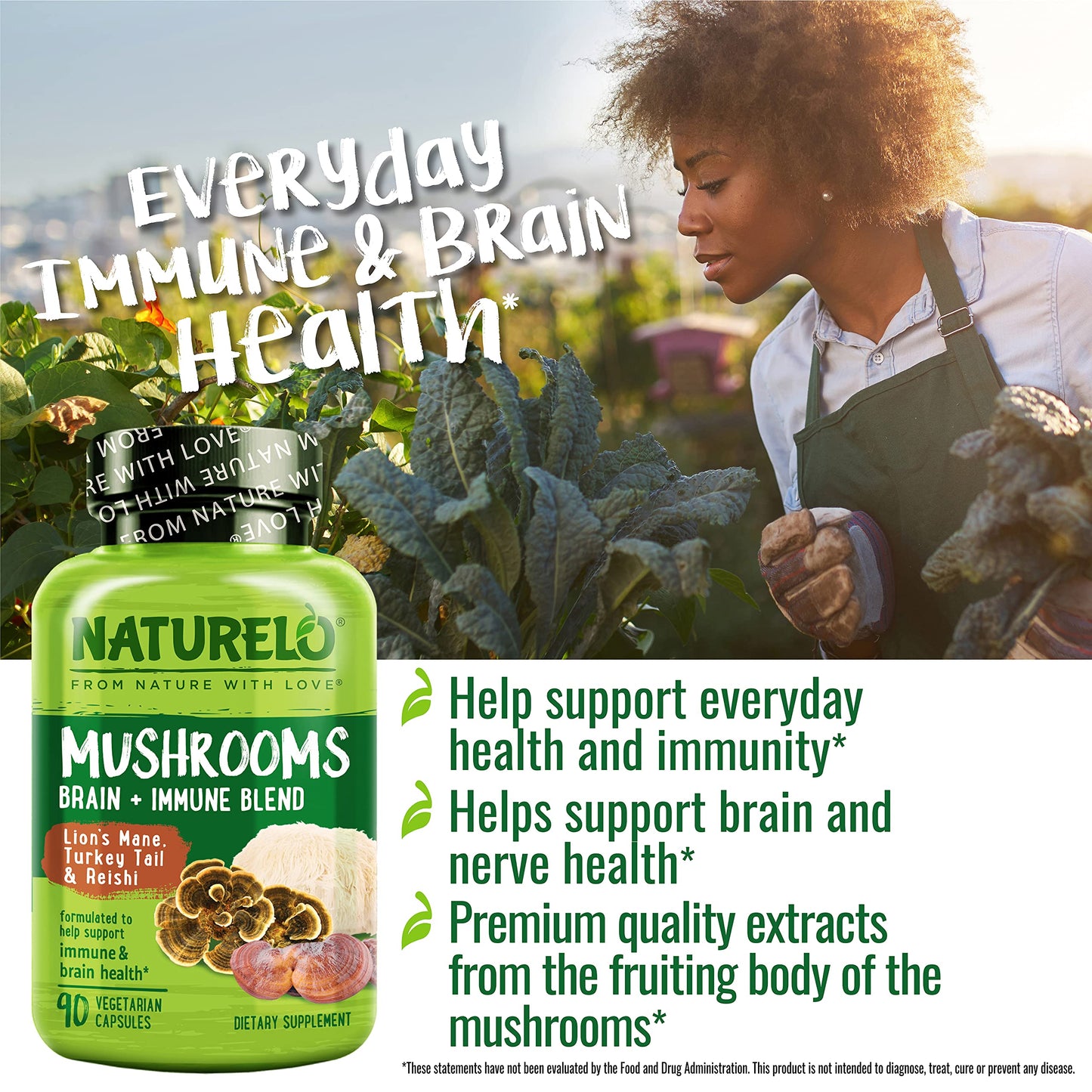 NATURELO Mushroom Supplement Capsules, 90 Count