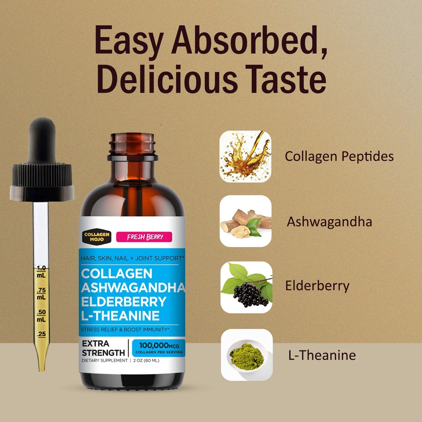 Collagen Mojo Liquid Collagen Peptides with Sea Moss, Burdock Root & Bladderwrack and Liquid Collagen Peptides with Ashwagandha, Elderberry & L-Theanine, 1