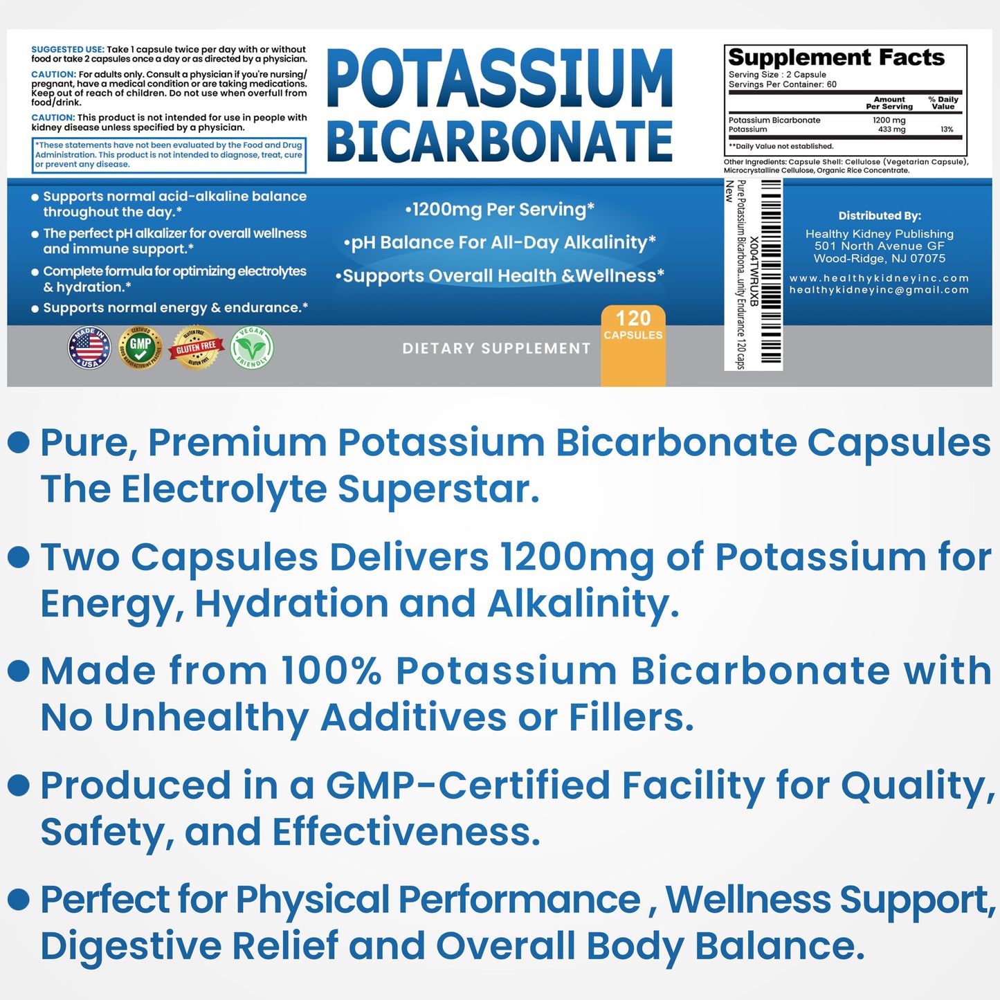 Kidney Restore Potassium Bicarbonate Supplement Capsules 120 Count