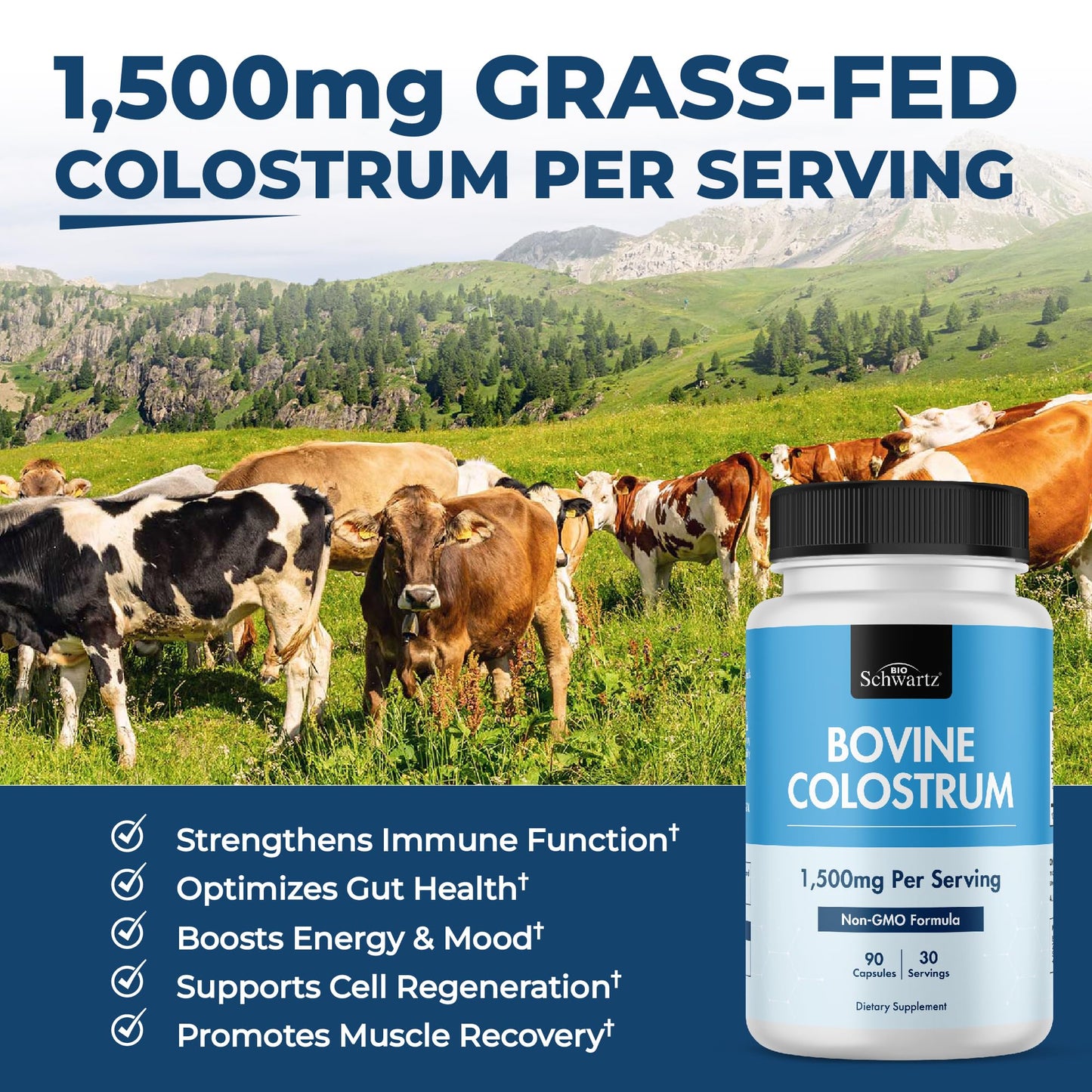 BioSchwartz Colostrum Supplement Extra Strength 1500mg Per Serving Grass Fed Colostrum Capsules, Non-GMO, Gluten Free, 90 Count