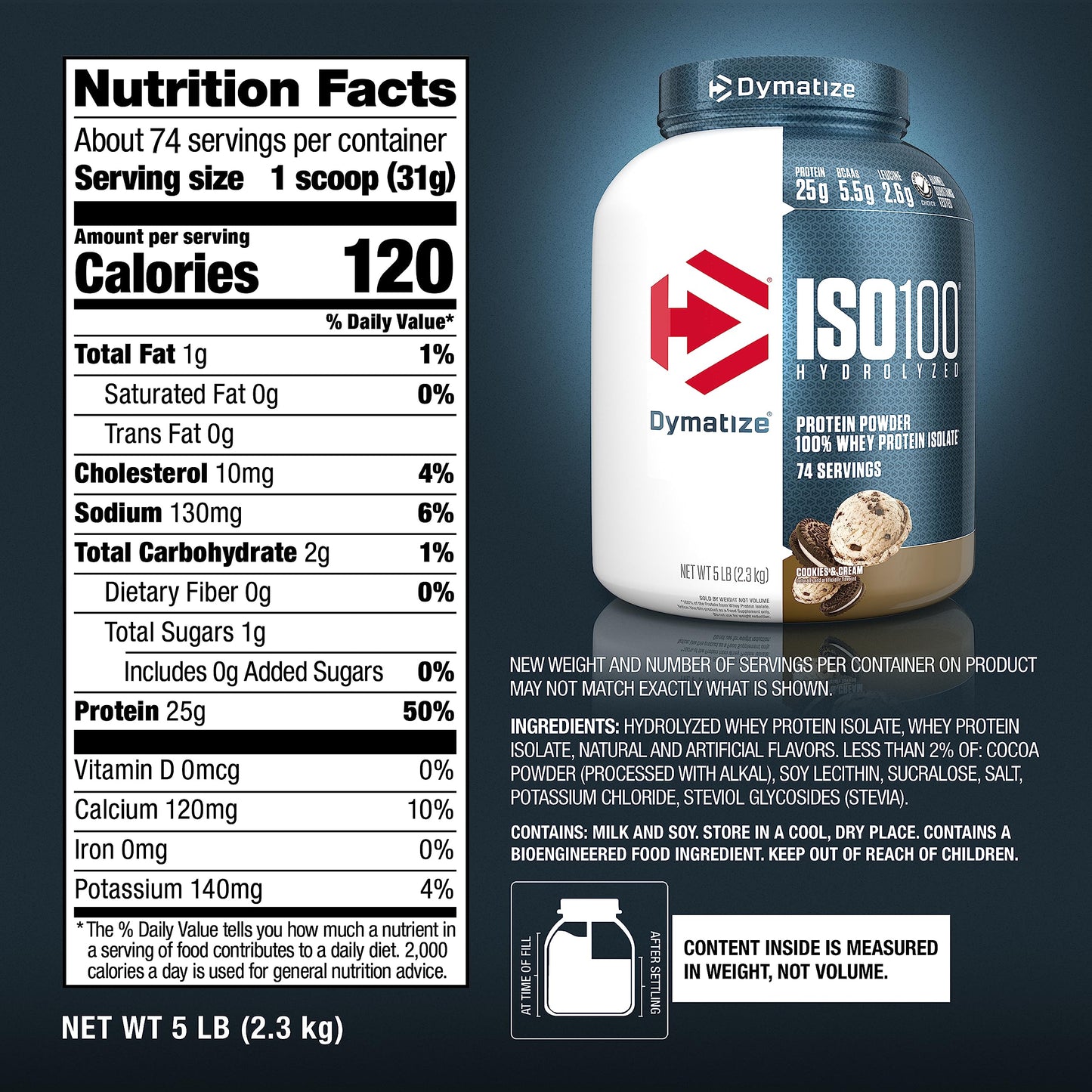 Dymatize ISO100 Whey Protein Isolate Powder Cookies & Cream, 80 Servings