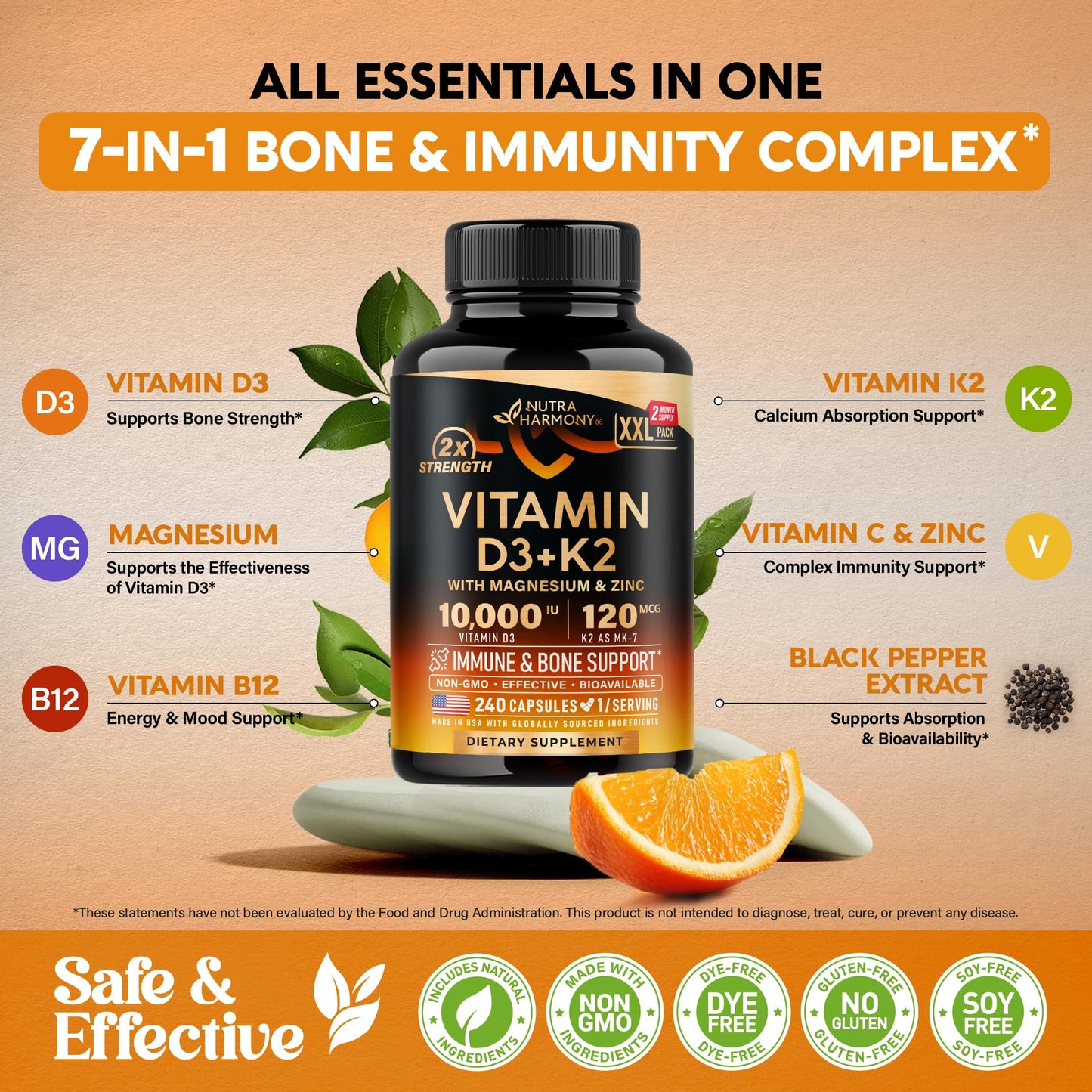 NUTRAHARMONY Vitamin D3 K2 10000 IU & MK-7 120 mcg 240 Capsules