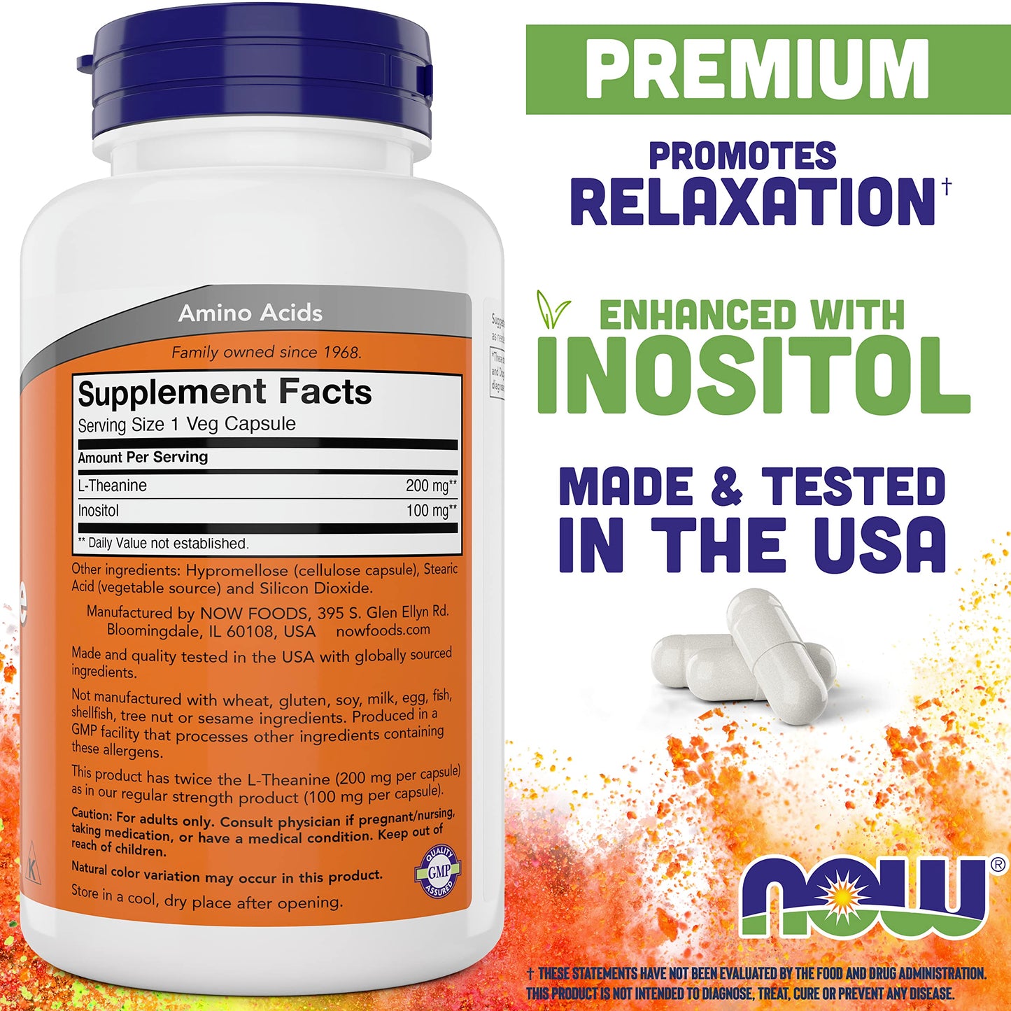 NOW Foods L-Theanine Double Strength 200 mg Per Capsule, 360 Capsules