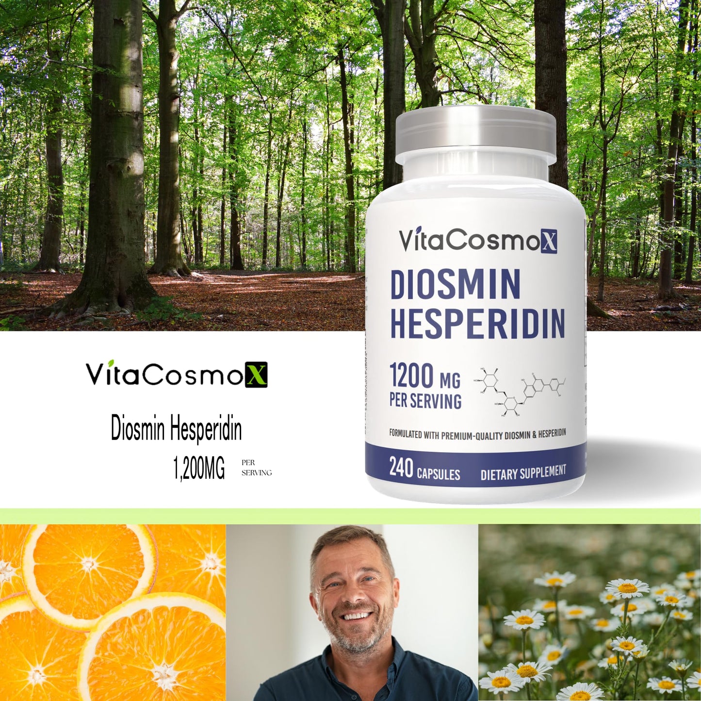 VitaCosmoX Diosmin Hesperidin 1200 mg Complex, 240 Capsules