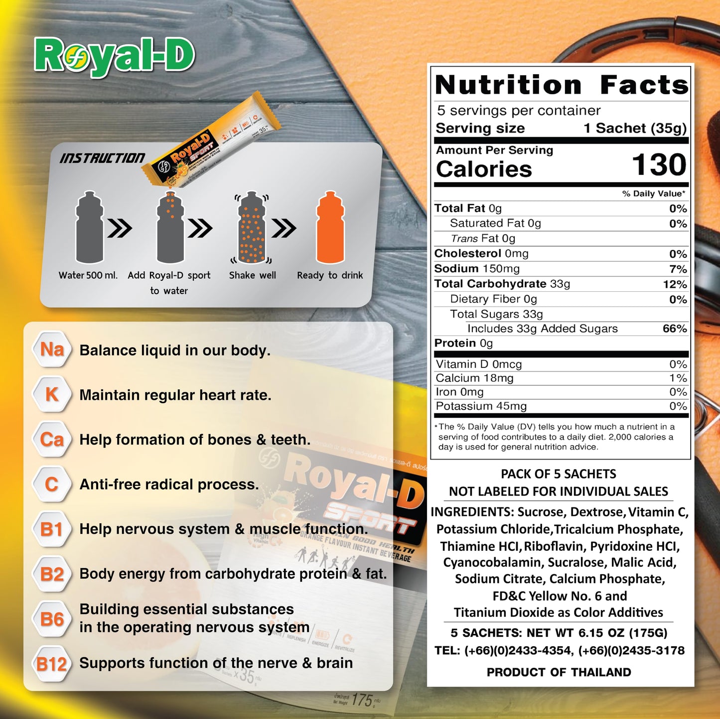 Royal-D Sport Electrolyte Powder Orange Flavor - 6 Sachets