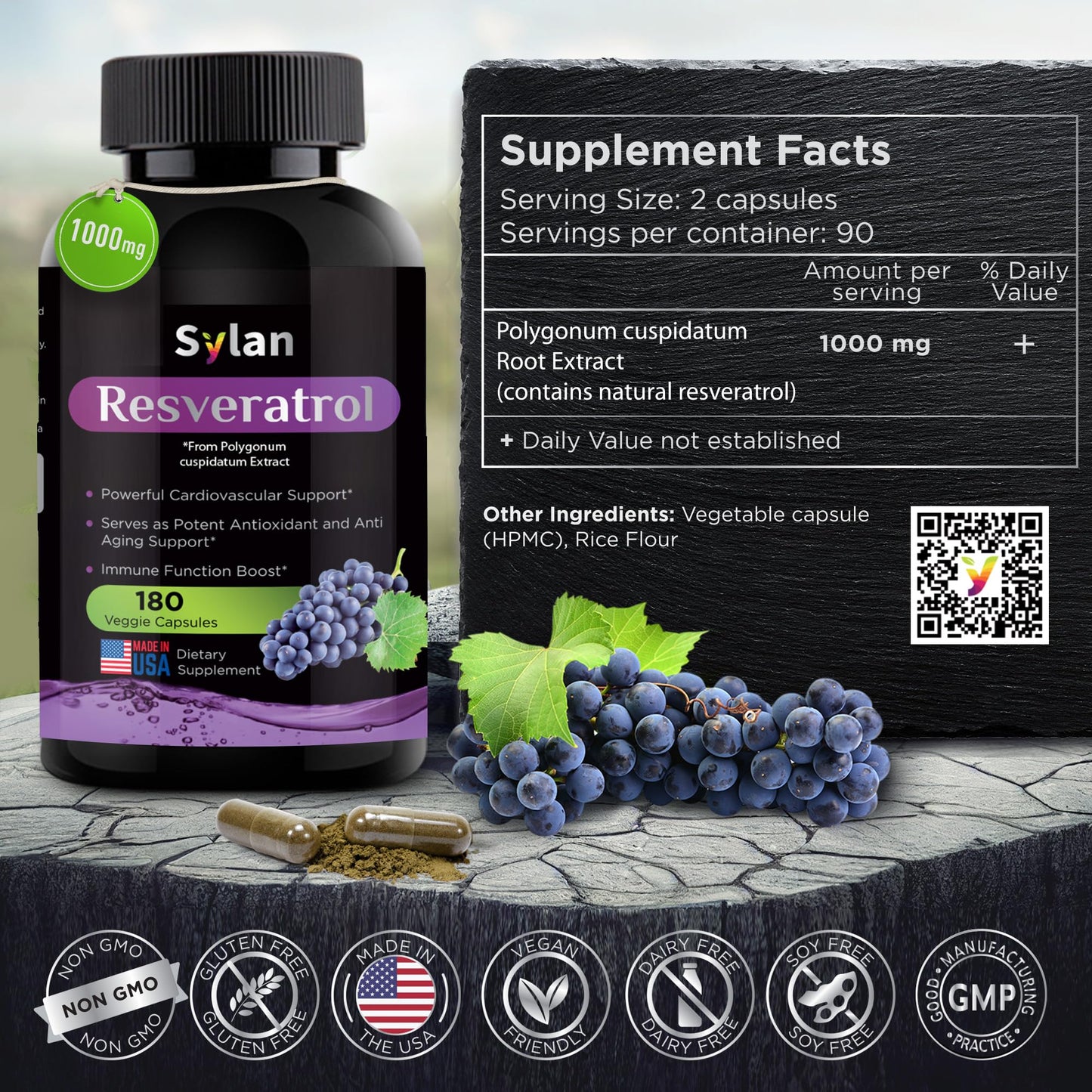 SYLAN Resveratrol Supplement 1000mg, 180 Veggie Capsules