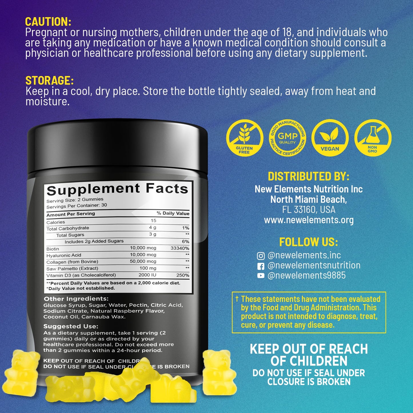 New Elements Biotin Gummies with Collagen Vitamin D3 Saw Palmetto & Hyaluronic Acid, 60 Count