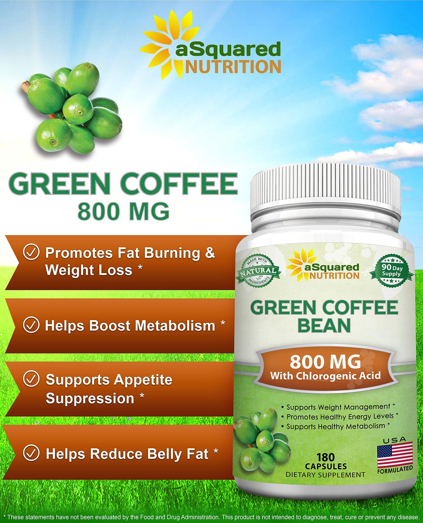 aSquared Nutrition Natural Green Coffee Bean Formula Capsules 180 Capsules