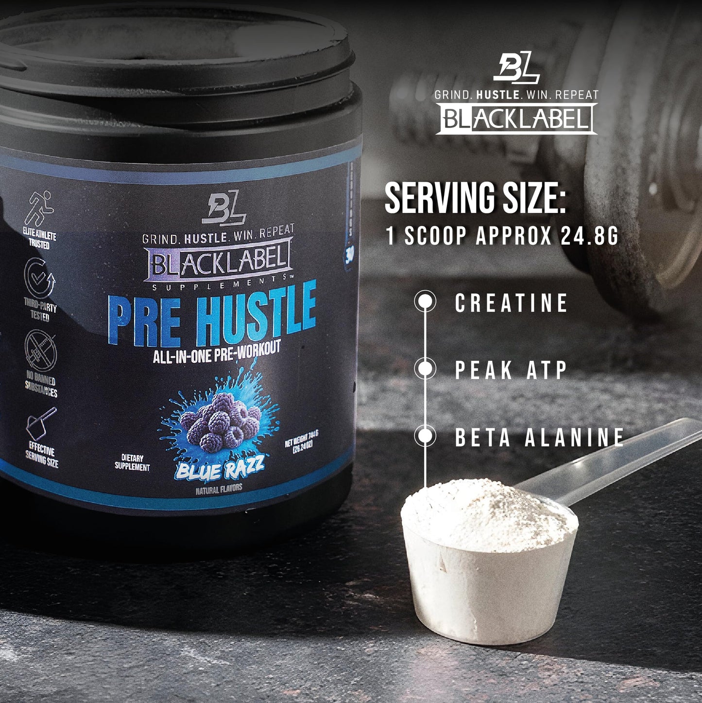 BLACKLABEL Supplements PRE Hustle V3 NSF Certified for Sport Pre-Workout (Blue Razz) Powder 26.24