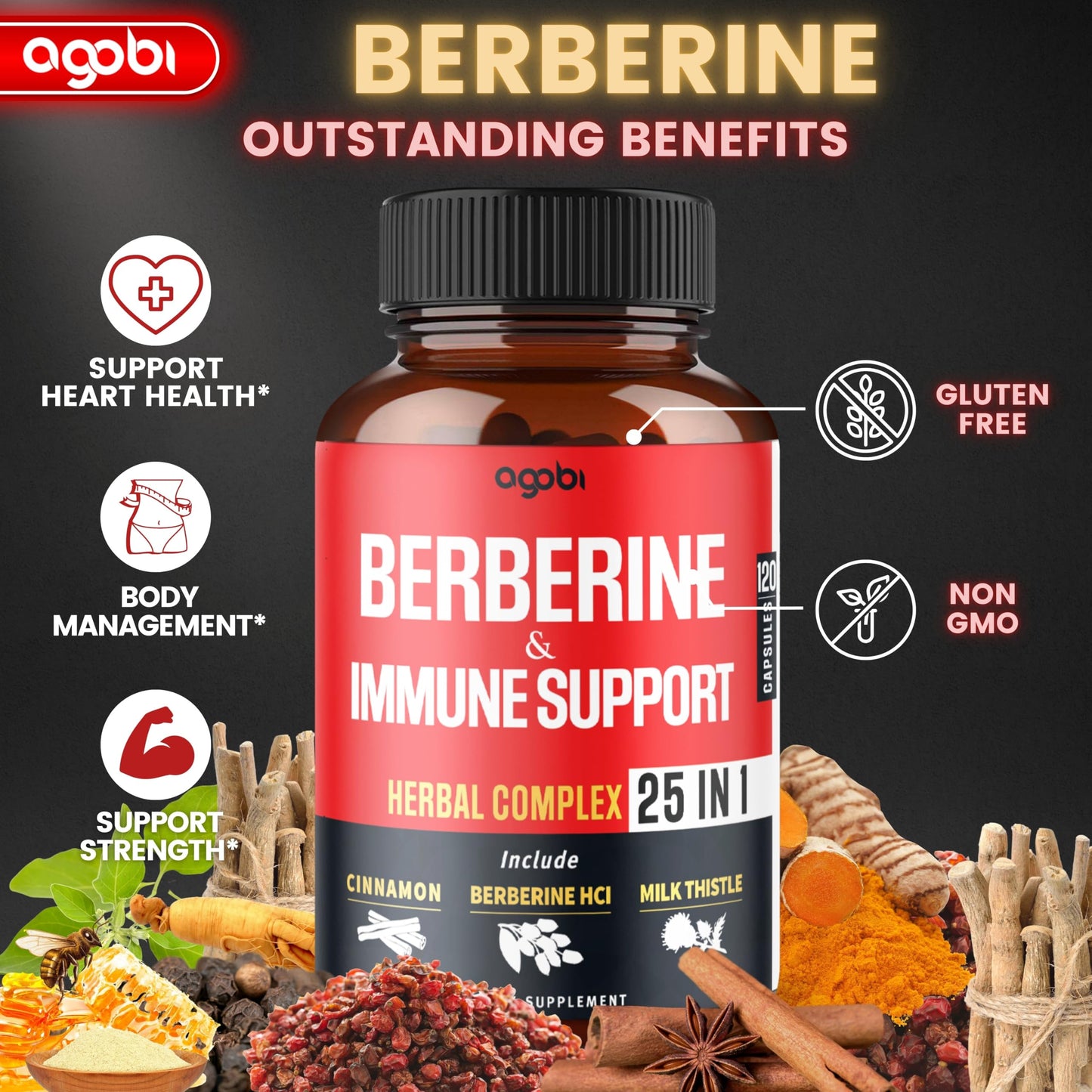 agobi Premium Berberine Supplement with Ceylon, Ashwagandha, Turmeric, Milk Thistle, Elderberry & Black Pepper 120 Capsules