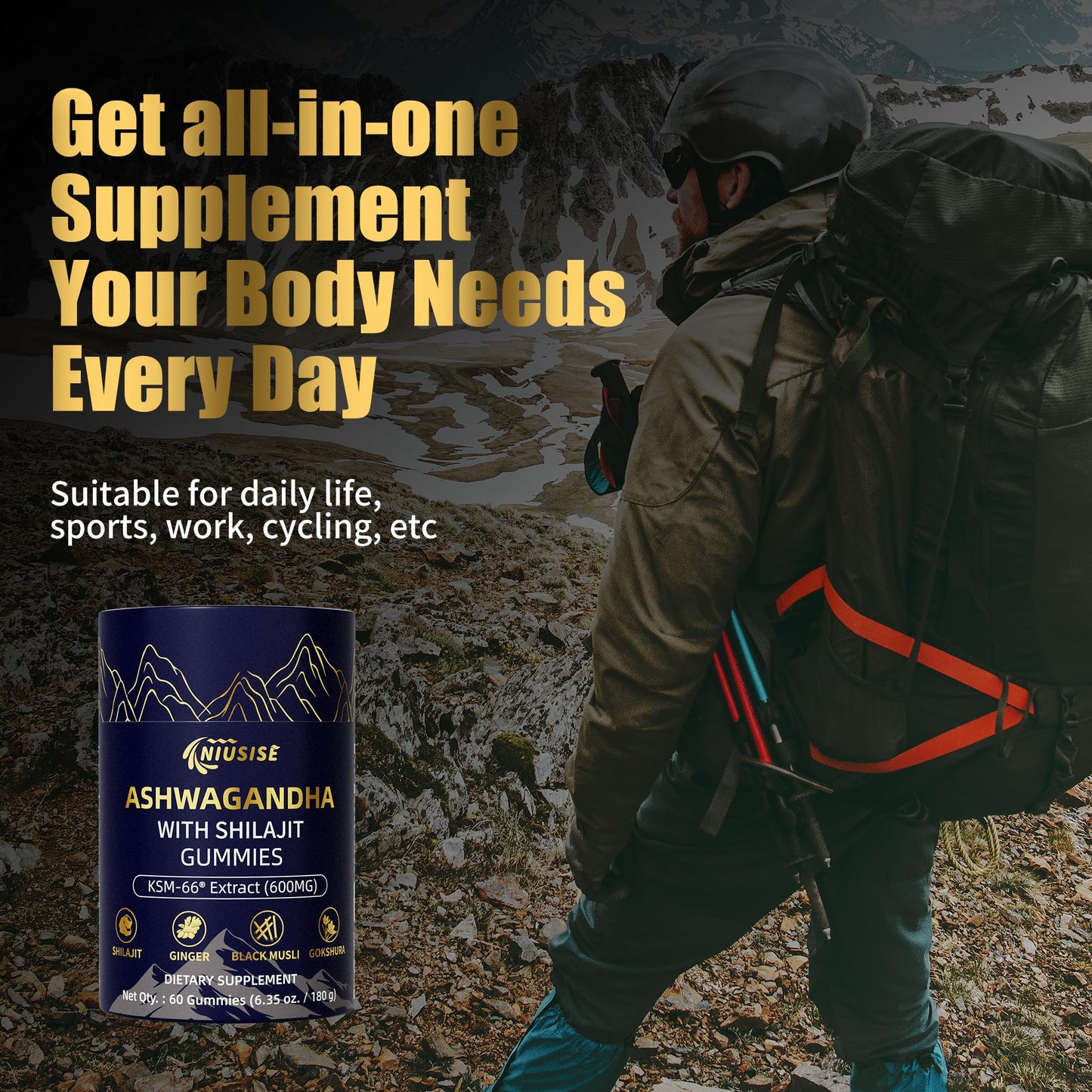 NIUSISE Ashwagandha with Shilajit 300mg Gummy 60 Count