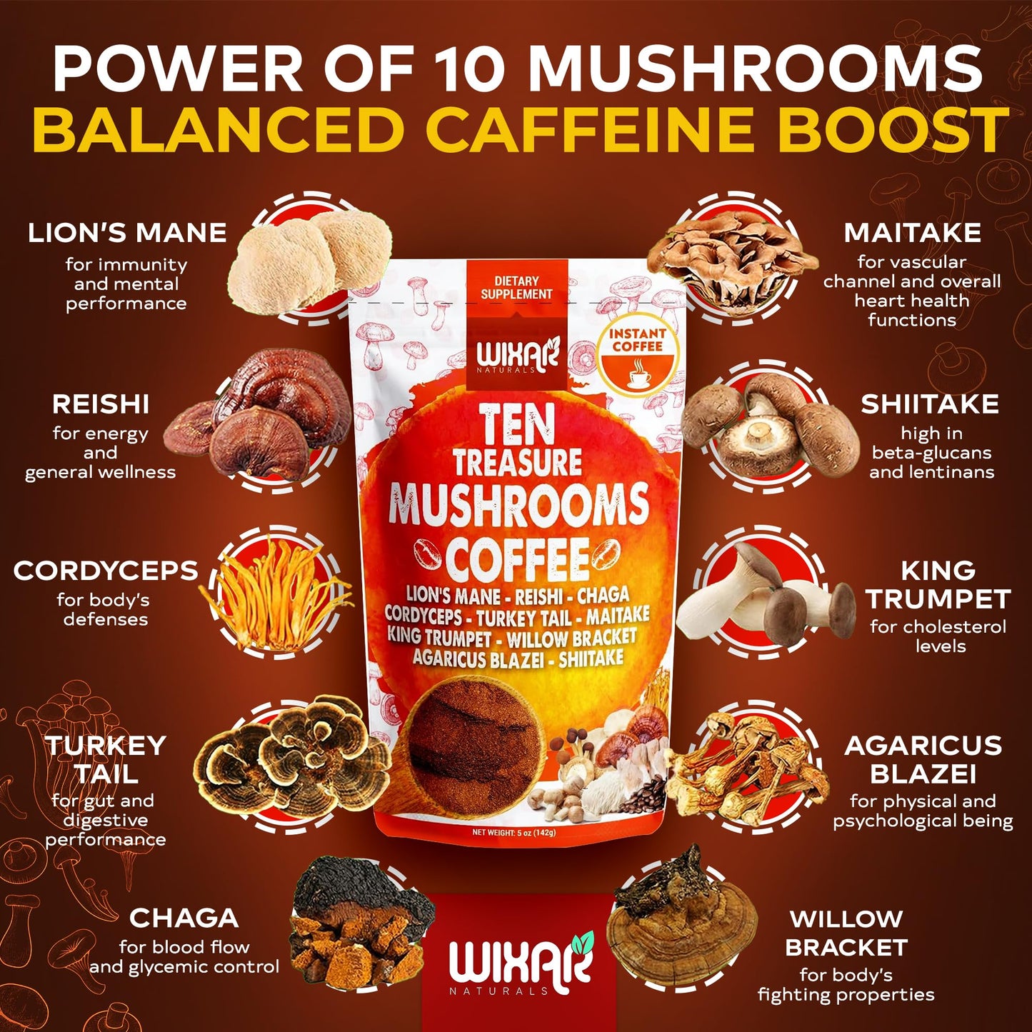 WIXAR NATURALS Mushroom Coffee Blend Powder, Ten Treasure Mushrooms Extract, 5oz