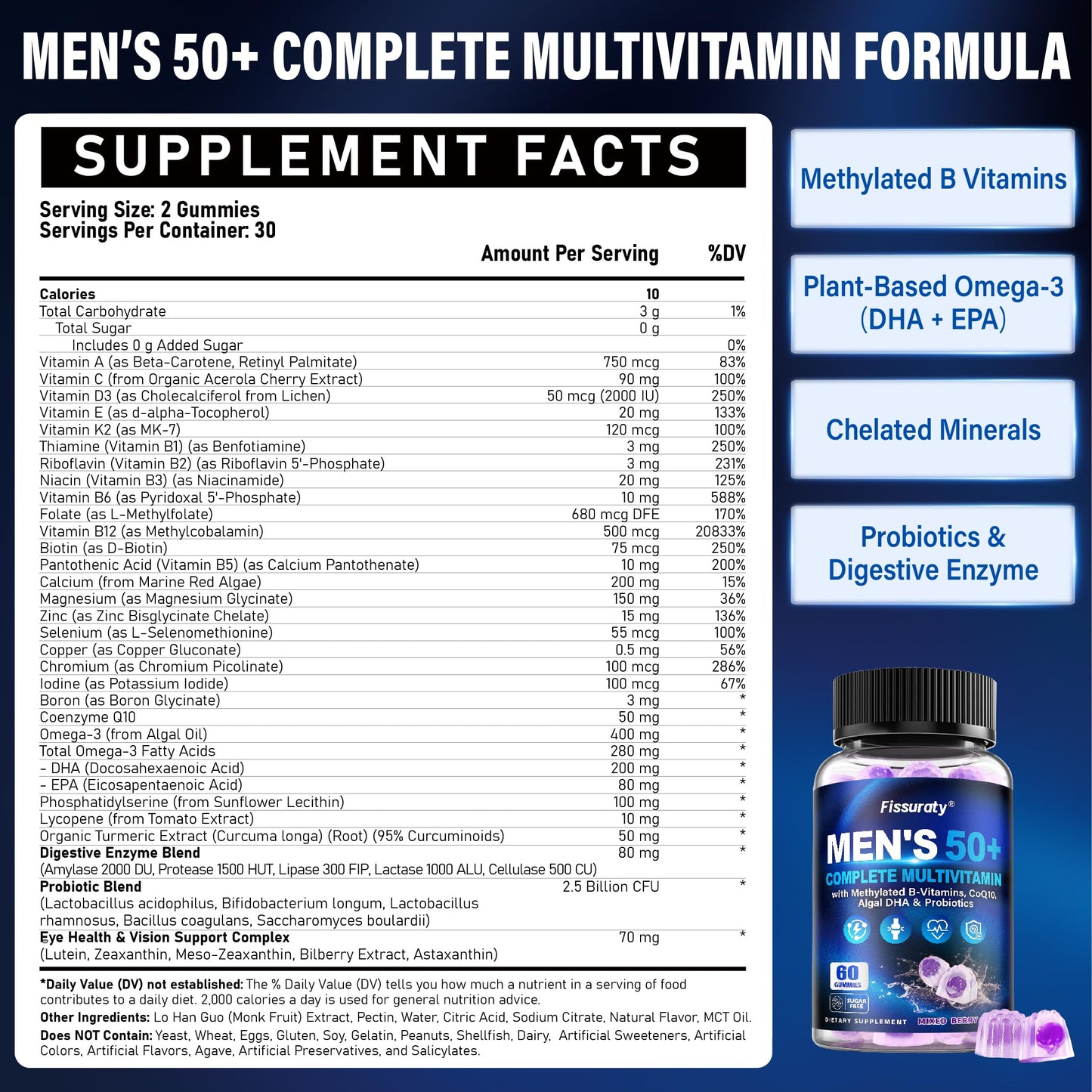 Fissuraty Multivitamin Gummies for Men 50+ Sugar Free Methylated Multivitamin, 60 Count