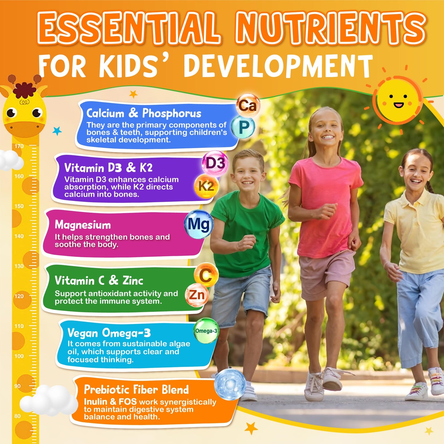 Edmmyliy Kids Calcium Gummies with Vitamin D3 K2 - Calcium Citrate with Magnesium, Zinc, Omega-3 and Probiotics for Kids Bone Health, Digestive & Development Support - Sugar Free, Non-GMO, Vegan, 60 Gummies