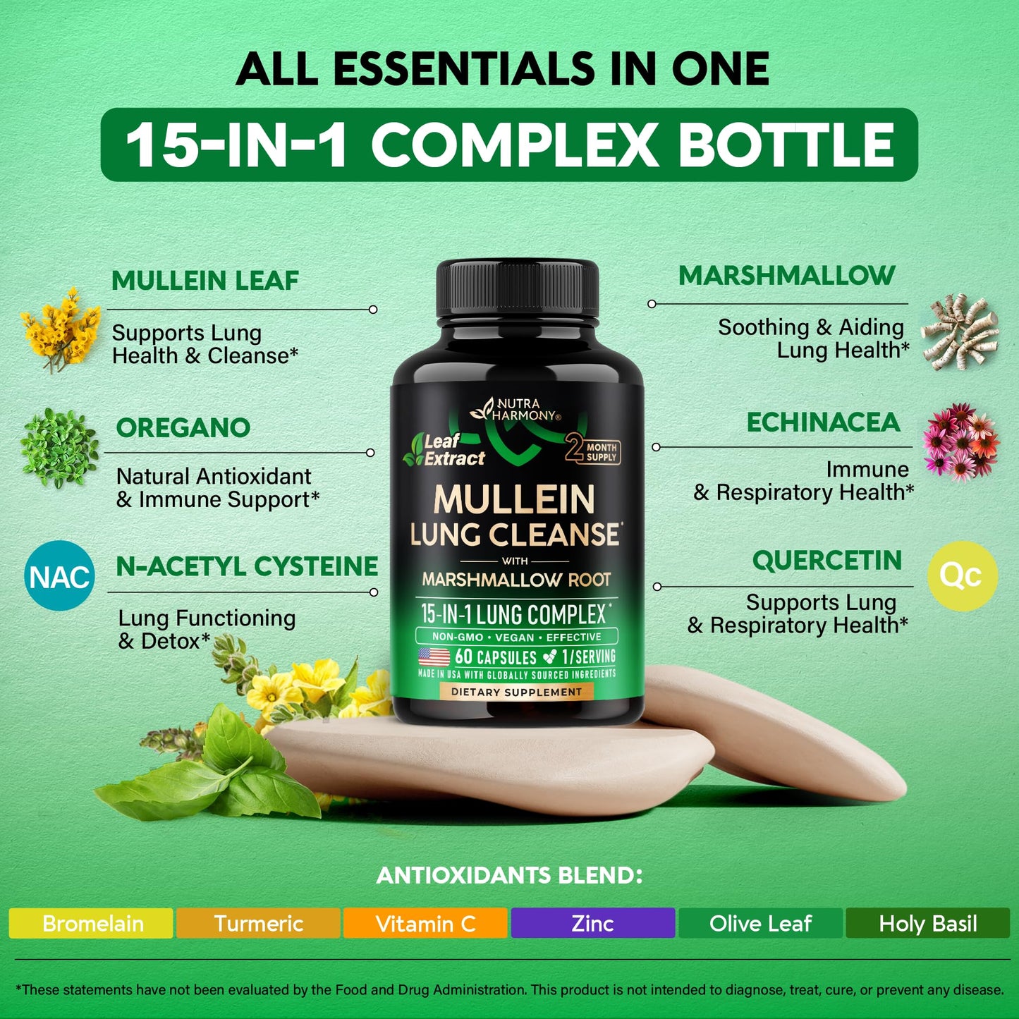 NUTRAHARMONY Mullein Lung Detox - Mullein Leaf 10:1 Extract, Marshmallow Root, Echinacea, Oregano, Quercetin, NAC - 15-in-1 Lung Support & Cleanse for Smokers, 60 Capsules