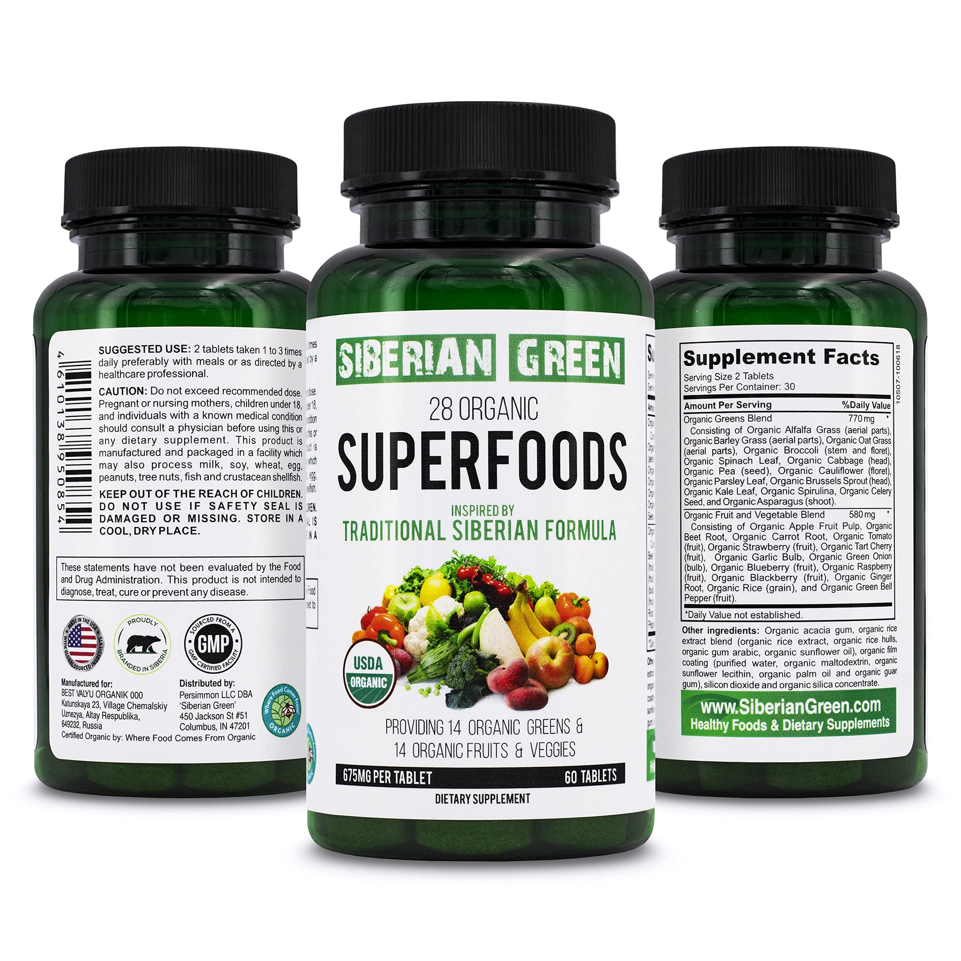 Siberian Green 28 Organic Superfoods Supplement Tablets, 60 Count
