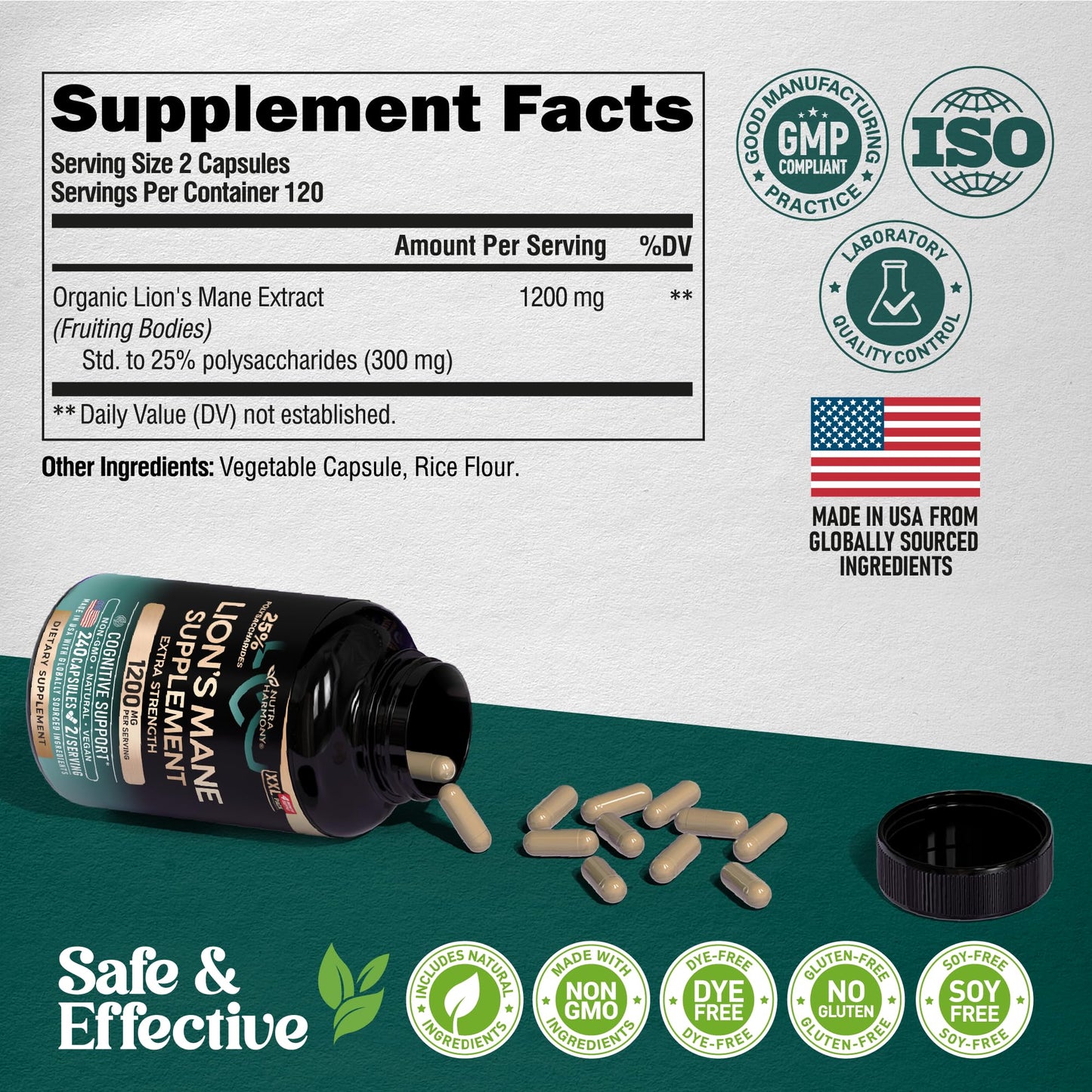 NutraHarmony Lions Mane Supplement Capsules 1200 mg, 240 Capsules