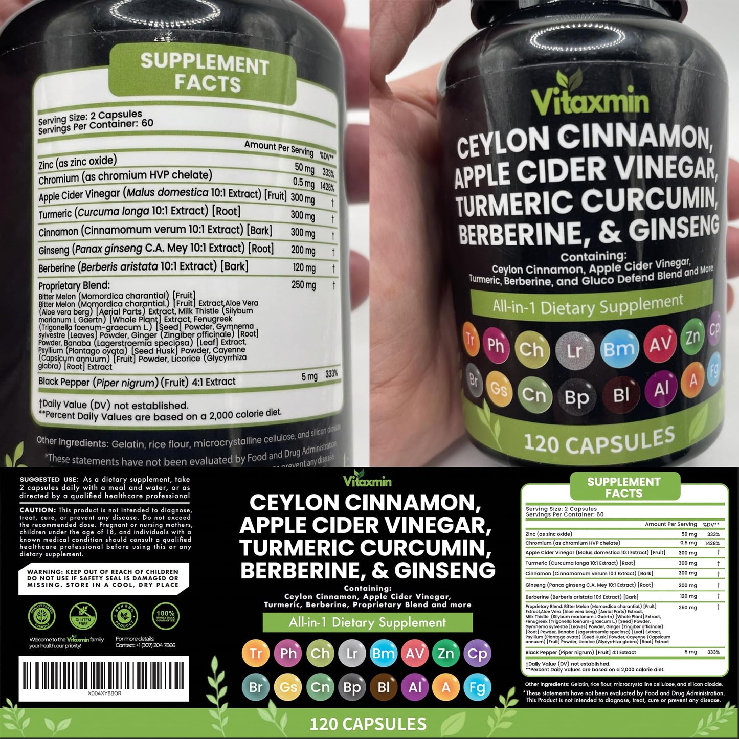 Vitaxmin Ceylon Cinnamon Capsules with Berberine, Apple Cider Vinegar, Turmeric Curcumin, Chromium, Gymnema Sylvestre, Ginseng Daily Wellness Supplement, 120 Capsules