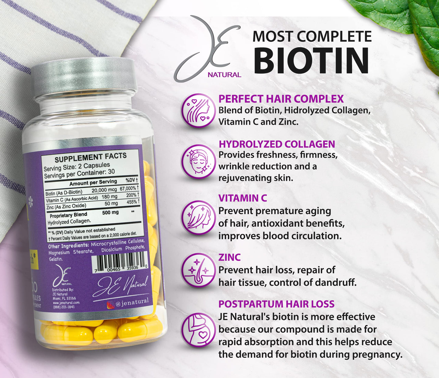 JE Natural Biotin Hair Skin and Nails Vitamins with Vitamin C and Collagen Capsules 60 Count