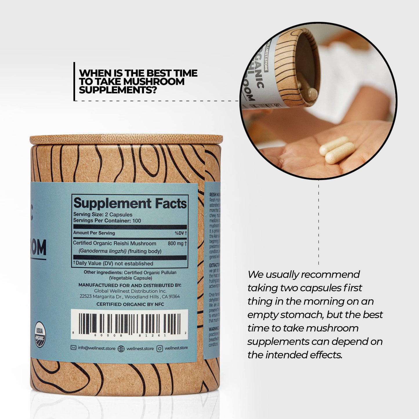 Wellnest.Store Reishi Organic Mushroom Supplement Capsules 200 Count