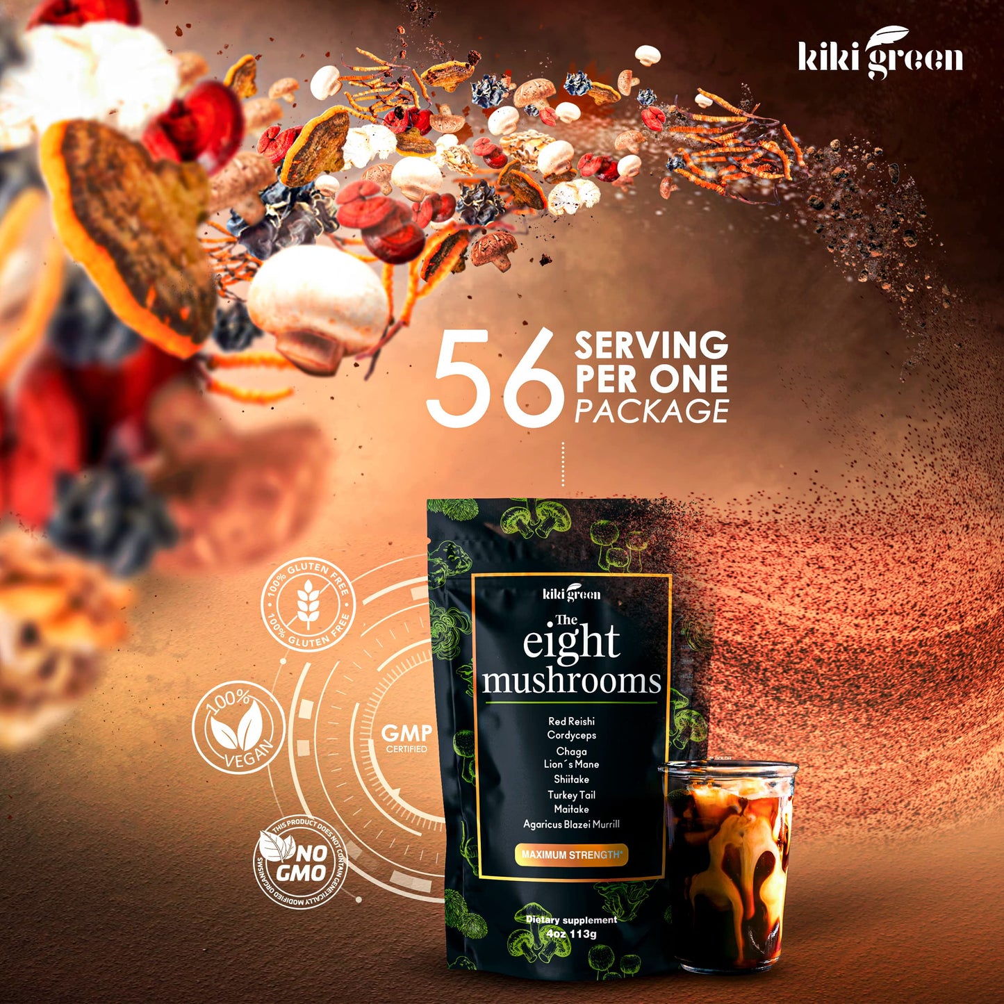 KIKI Green 8 Mushrooms Powder Extract 4 oz