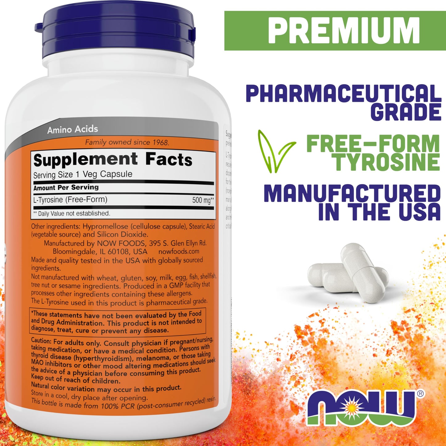 NOW Foods L-Tyrosine 500mg, 600 Capsules