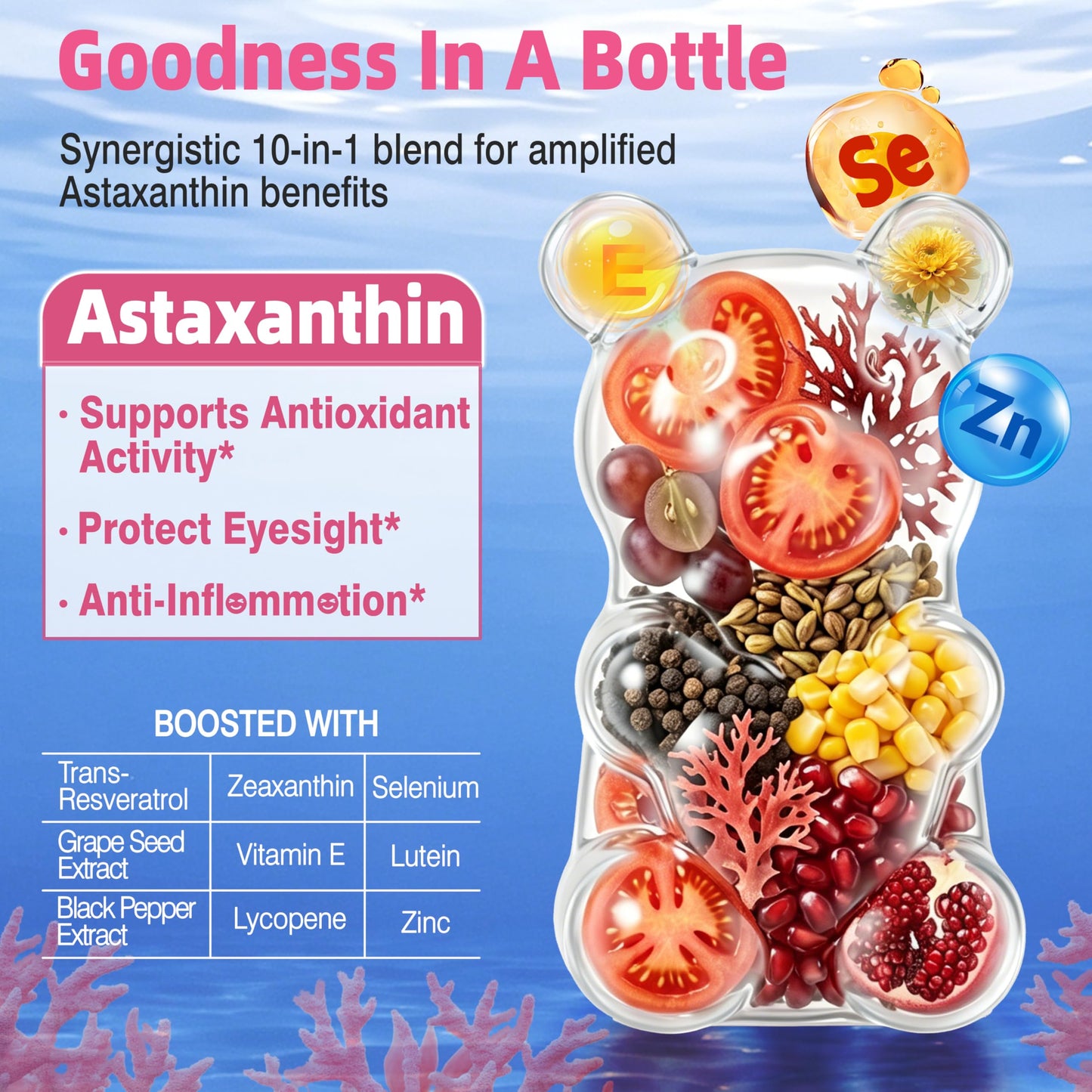 SUGAWITA Astaxanthin Gummies 12mg/24mg 10-in-1 Antioxidant with Lutein & Resveratrol, Vegan, 60 Count