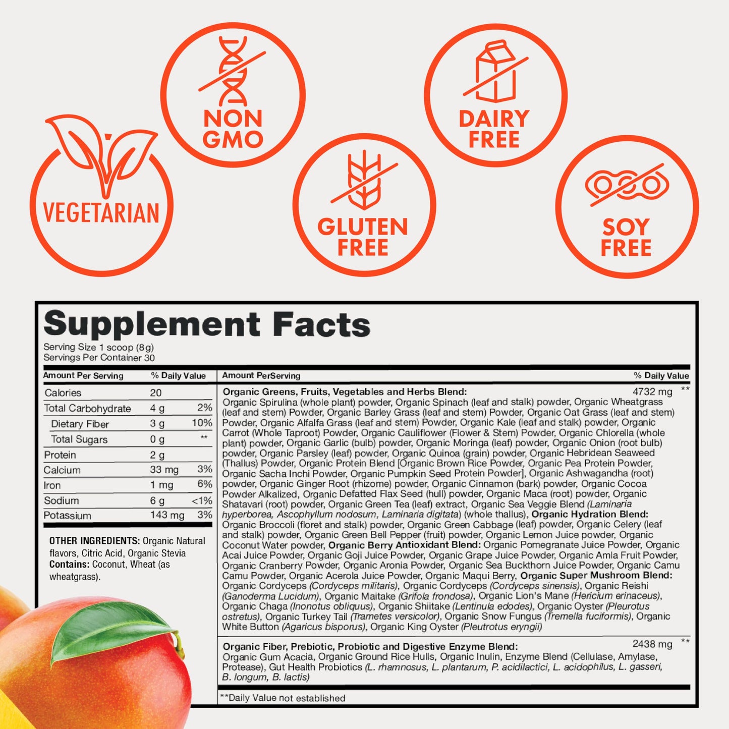 Zena Nutrition Organic Super Greens Powder Mango, 8.5 oz, 30 Servings