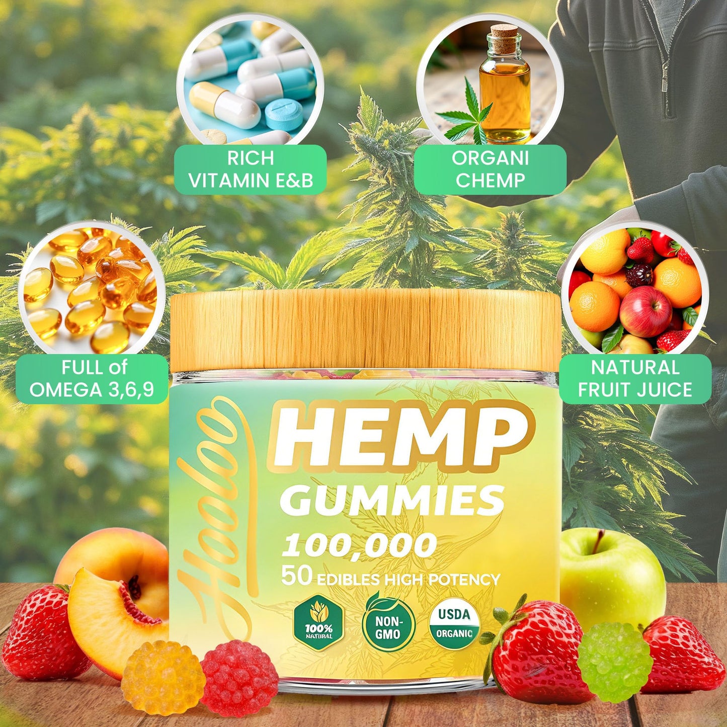 HOOLOO Hemp Gummies 100,000 for Deep Sound Bedtime Support and Discomfort Relief, Fruity Gummy Infused Omega 3 Vitamins, Made in USA, Gummy 100