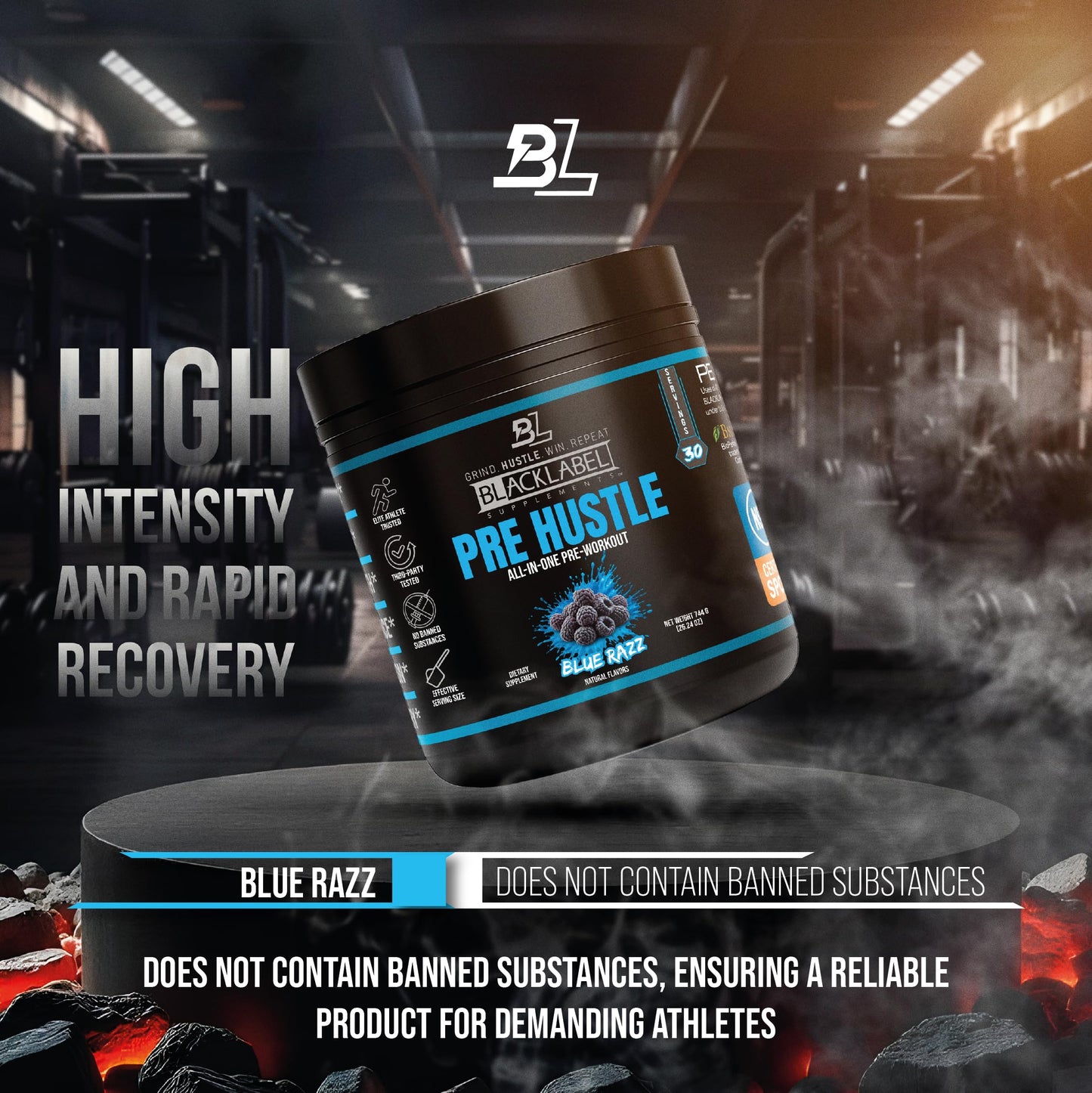 BLACKLABEL Supplements PRE Hustle V3 NSF Certified for Sport Pre-Workout (Blue Razz) Powder 26.24