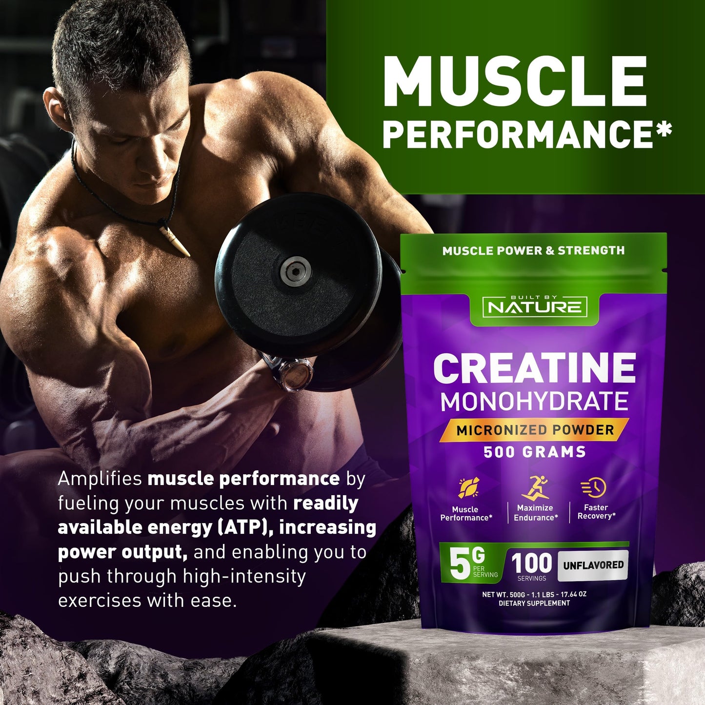 Built by Nature Creatine Monohydrate Powder 17.64 oz