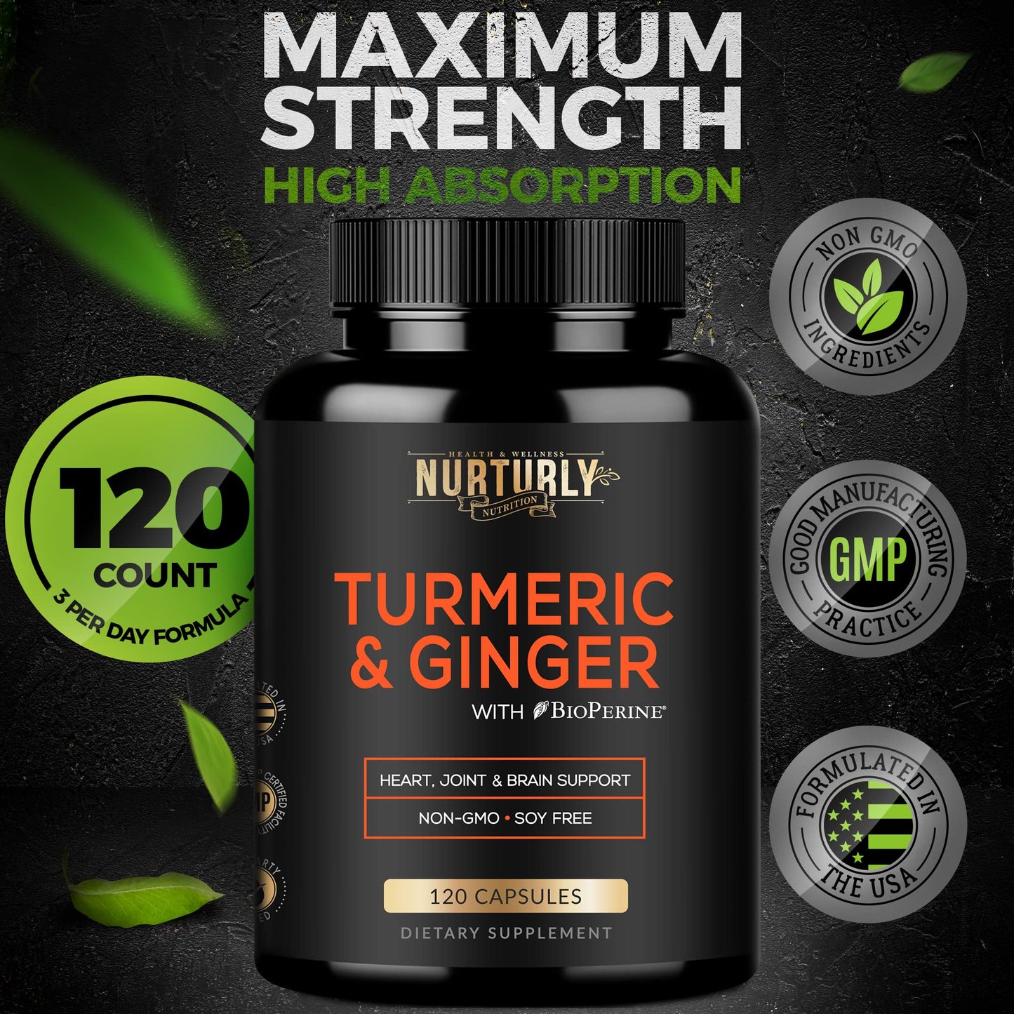 NURTURLY Turmeric Curcumin with BioPerine & Ginger - High Absorption Turmeric Supplement, 120 Capsules