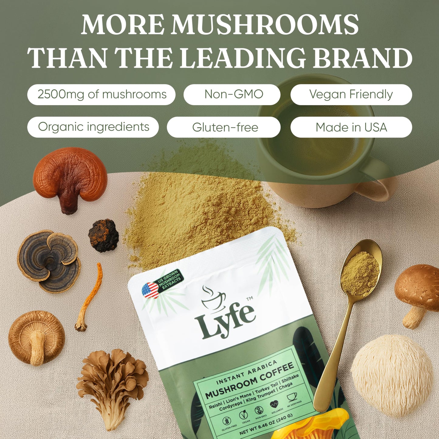 LYFE Organic Instant Mushroom Coffee Powder 8.47 oz