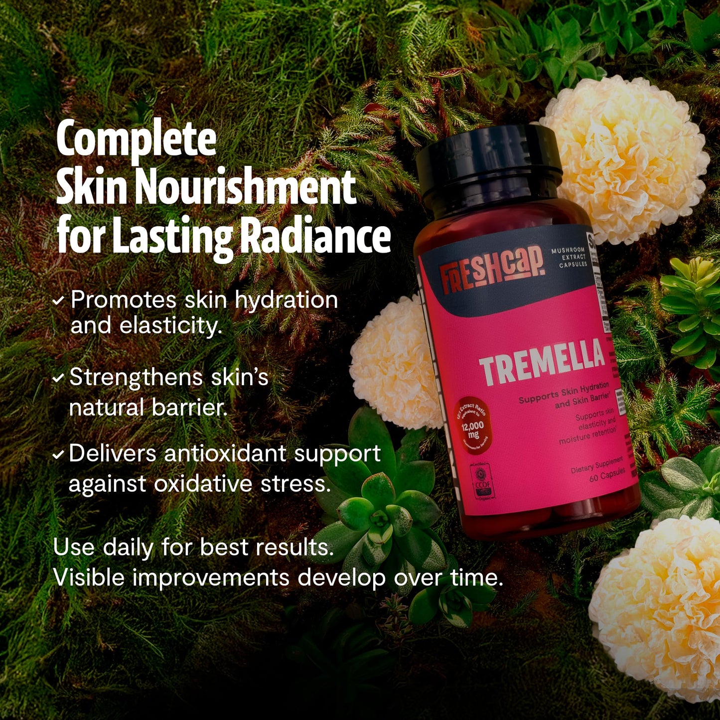 FreshCap Mushrooms Premium Organic Tremella Supplement Capsules, 60 Count