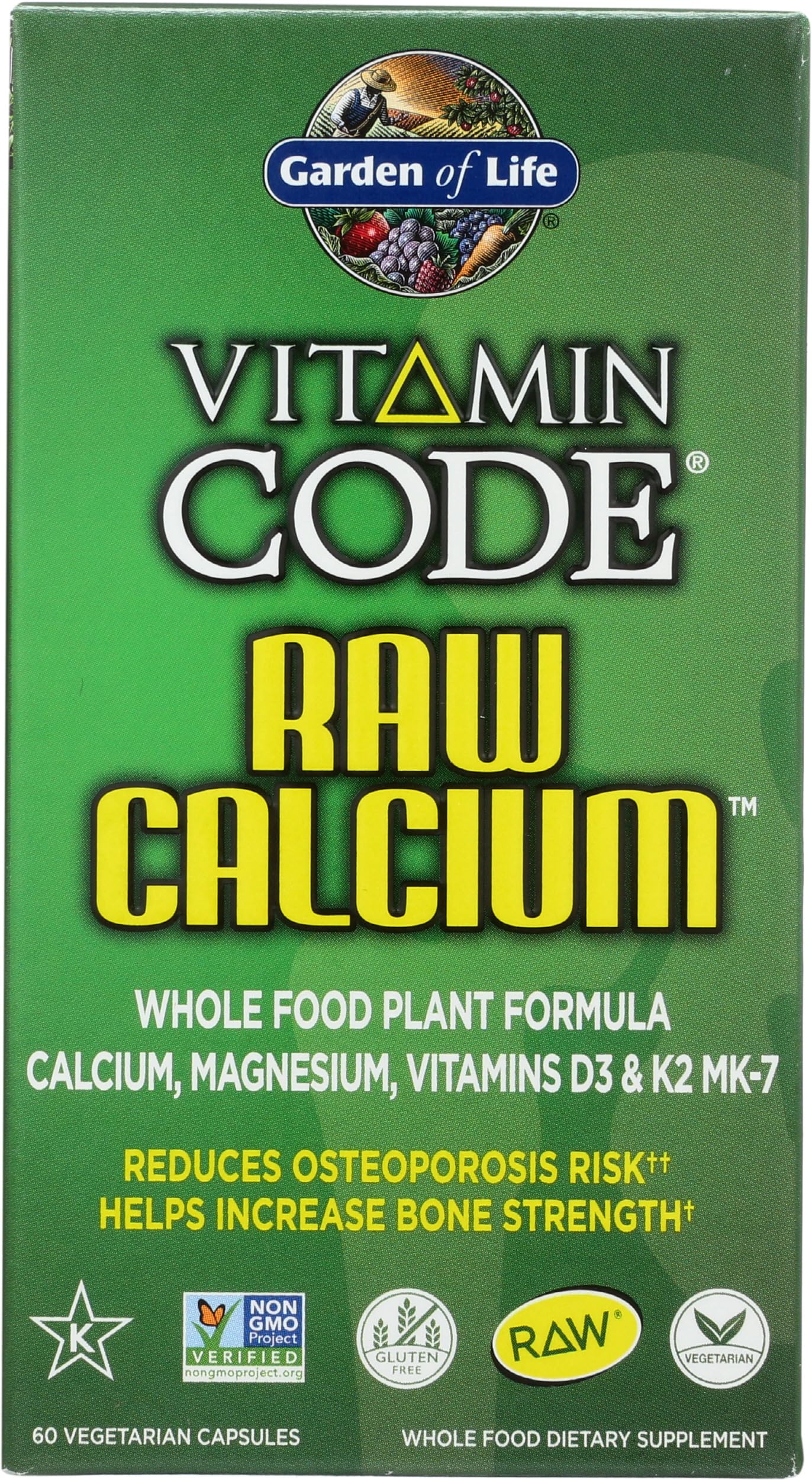 Garden of Life Raw Calcium Supplement for Women and Men - Vitamin Code Made from Whole Foods with Magnesium, K2, Vitamin D3 and Vitamin C Plus Probiotics for Digestion Capsule, 60 Count