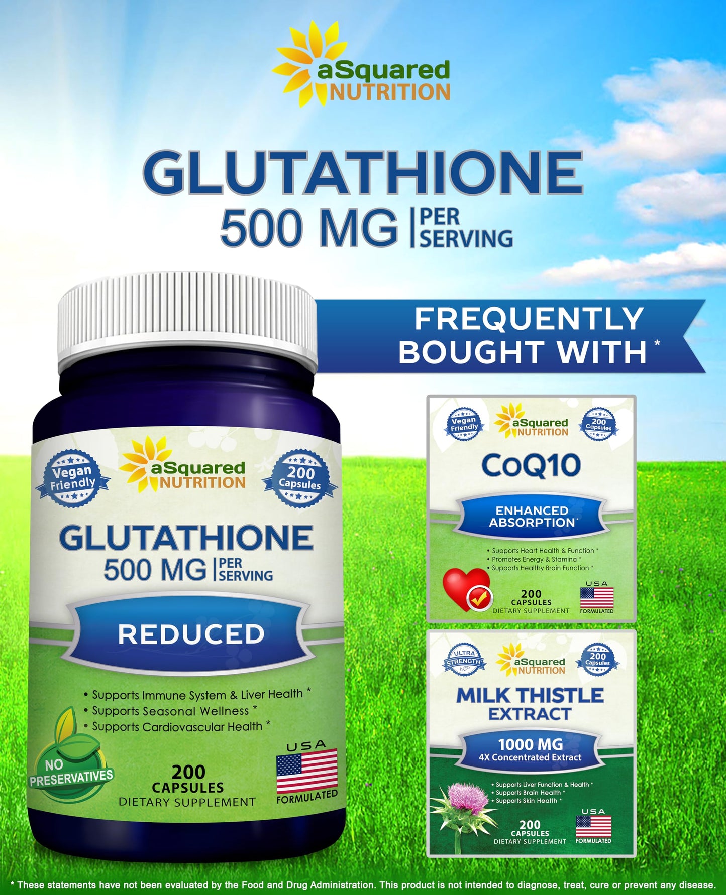 aSquared Nutrition Reduced Glutathione 500mg Per Serving Capsule, 200 Count