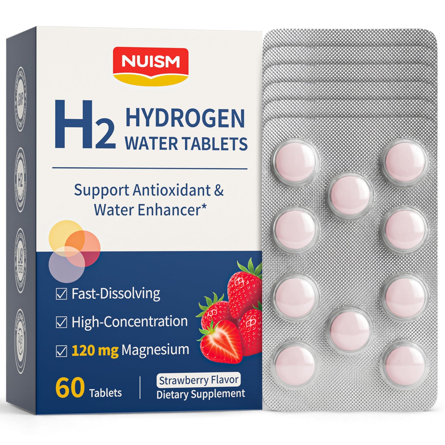 NUISM Molecular H2 Hydrogen Water Tablets - 16 PPM Hydrogen Tablets for Drinking Water with Magnesium, Rich in Antioxidants, Mental & Cognitive Function, Cellular Health, Recovery Energy (Strawberry) 60 Tablets
