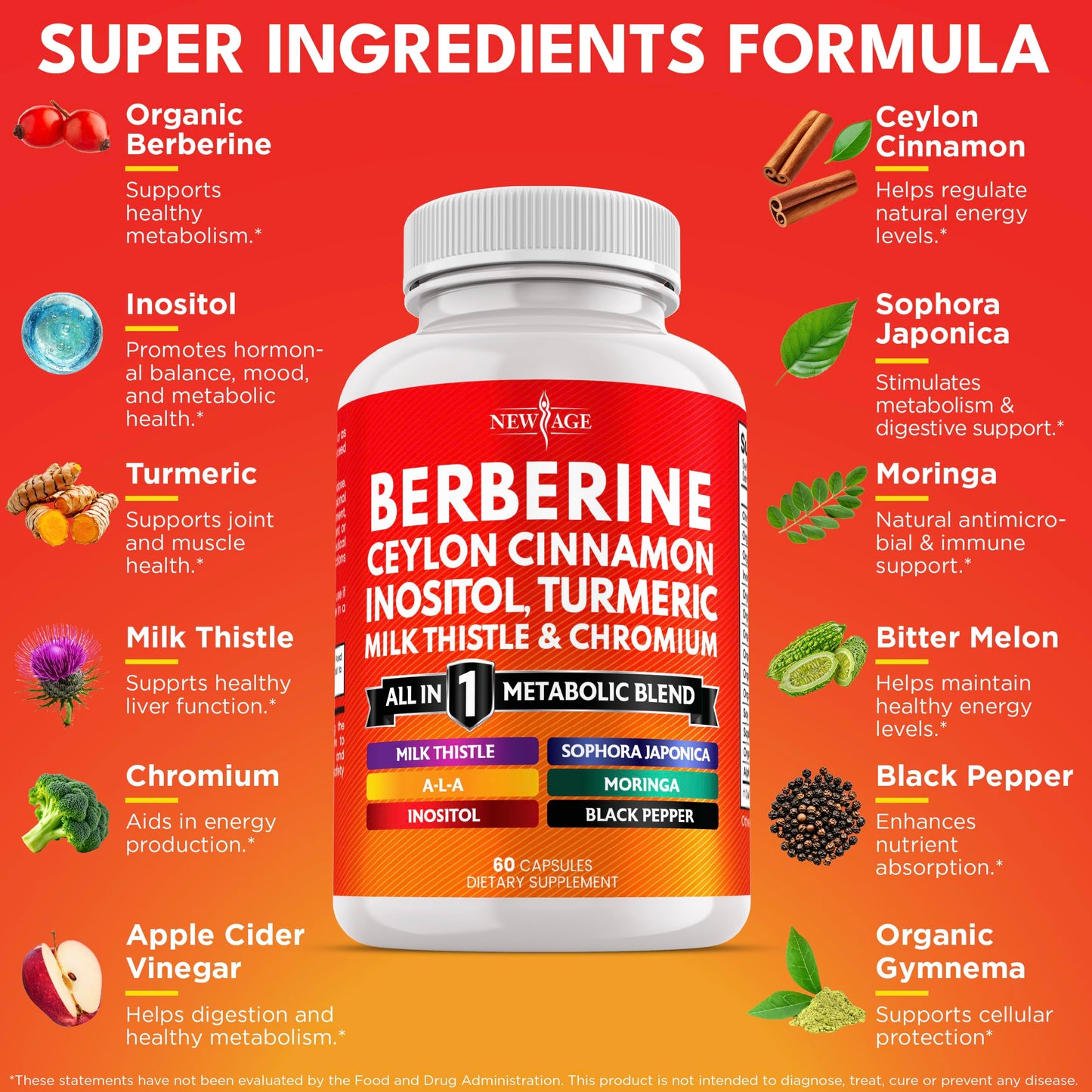 NEW AGE Berberine and Ceylon Cinnamon Supplement Capsules 60 Count