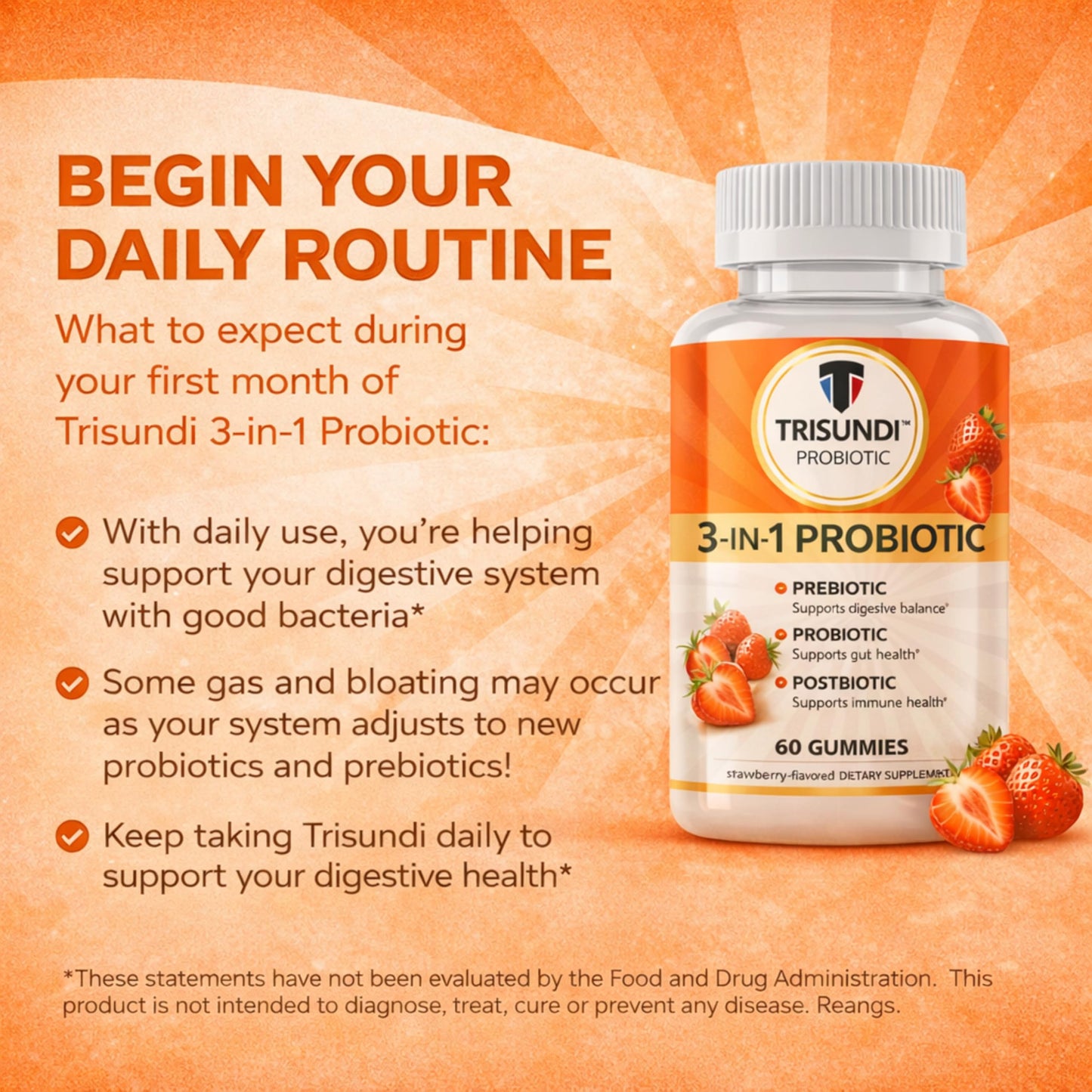 Trisundi 3-in-1 Probiotic Gummies with Prebiotic & Postbiotic, Daily Digestive Support Supplement, 60 Gummies
