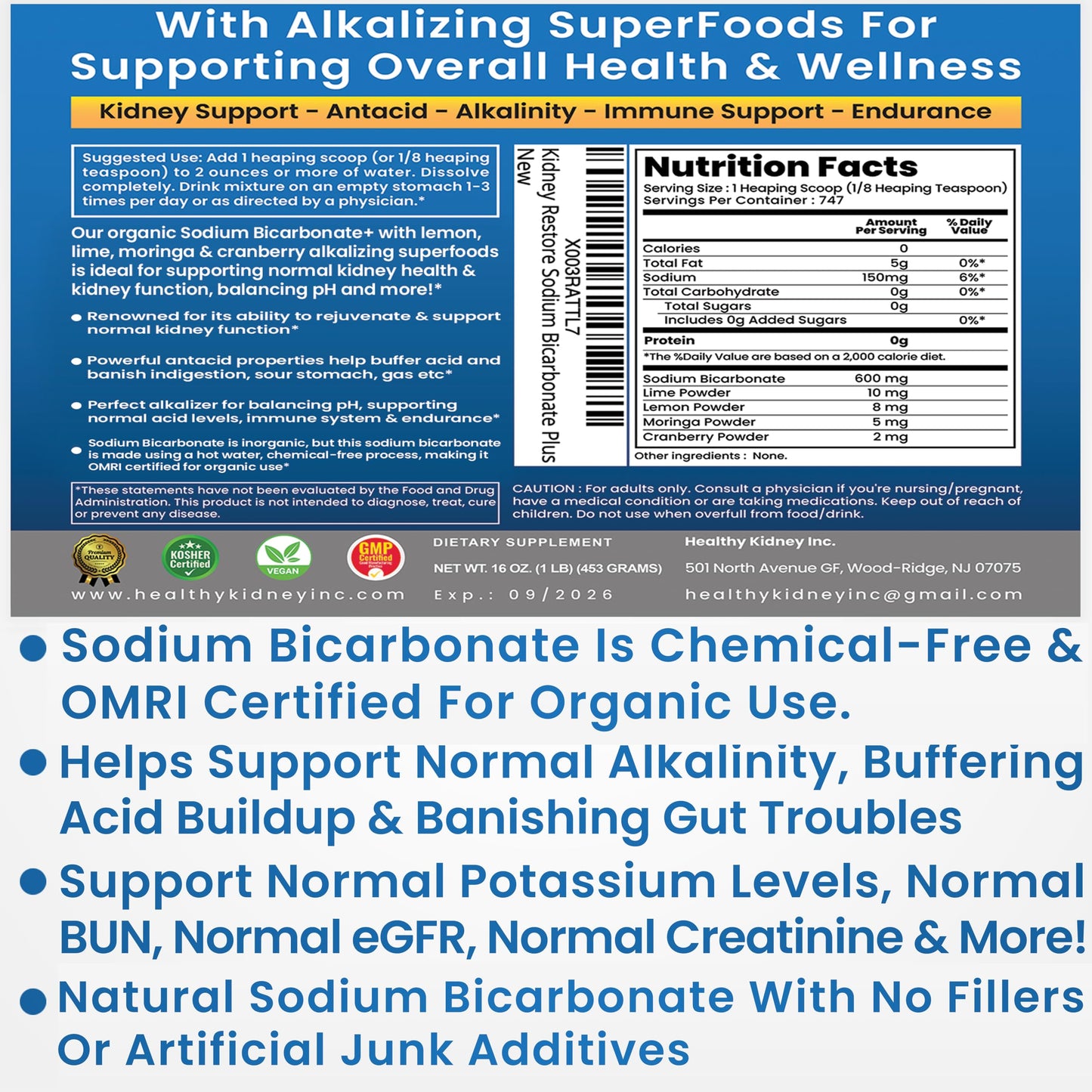 Kidney Restore Organic Sodium Bicarbonate Alkaline Supplement Powder 1 lb
