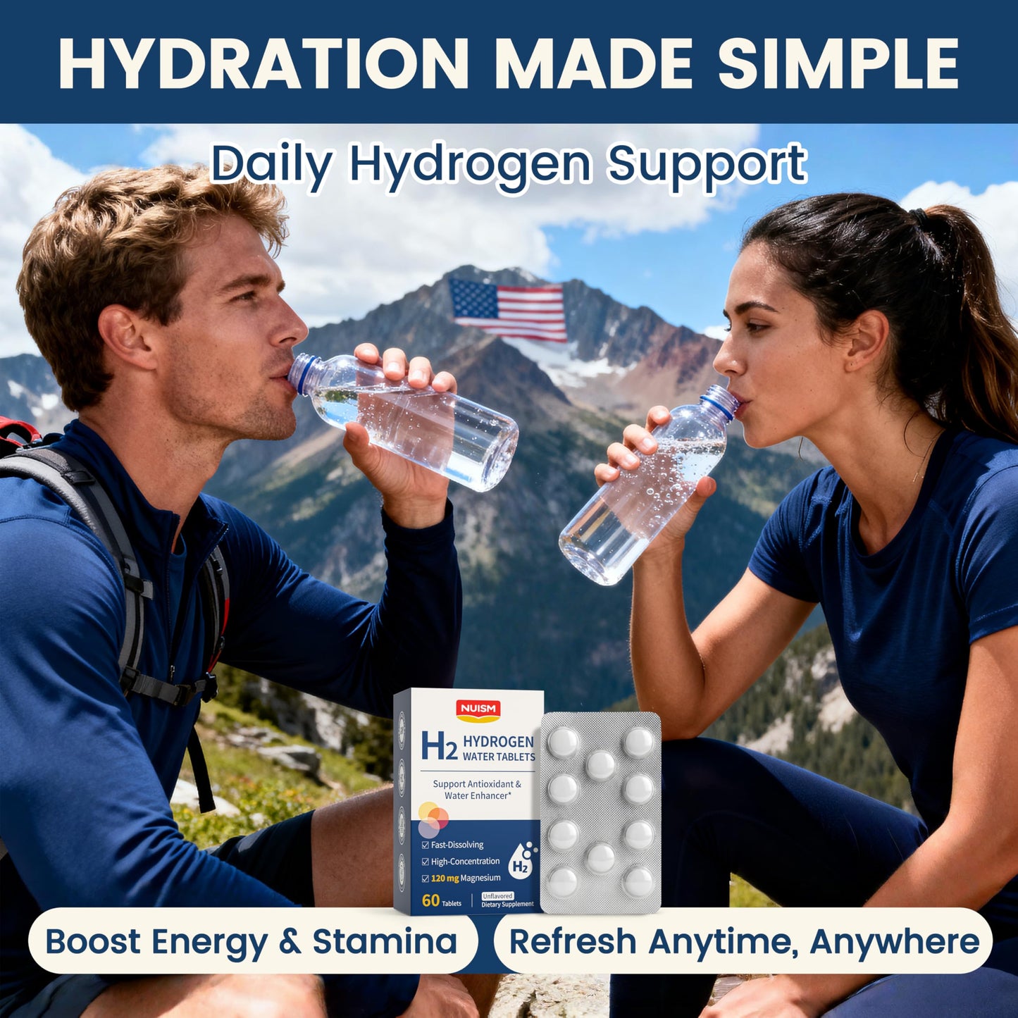 NUISM Molecular H2 Hydrogen Water Tablets with Magnesium, 16 PPM Hydrogen, Unflavored, 60 Tablets