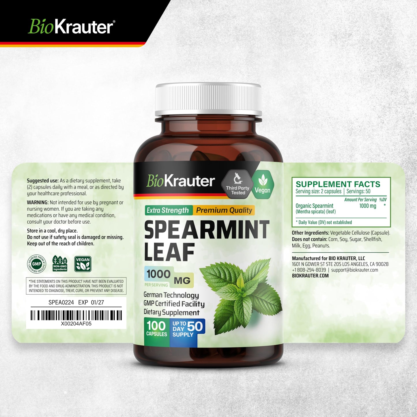 BIO KRAUTER Spearmint Capsules for Skin Support 100 Capsules