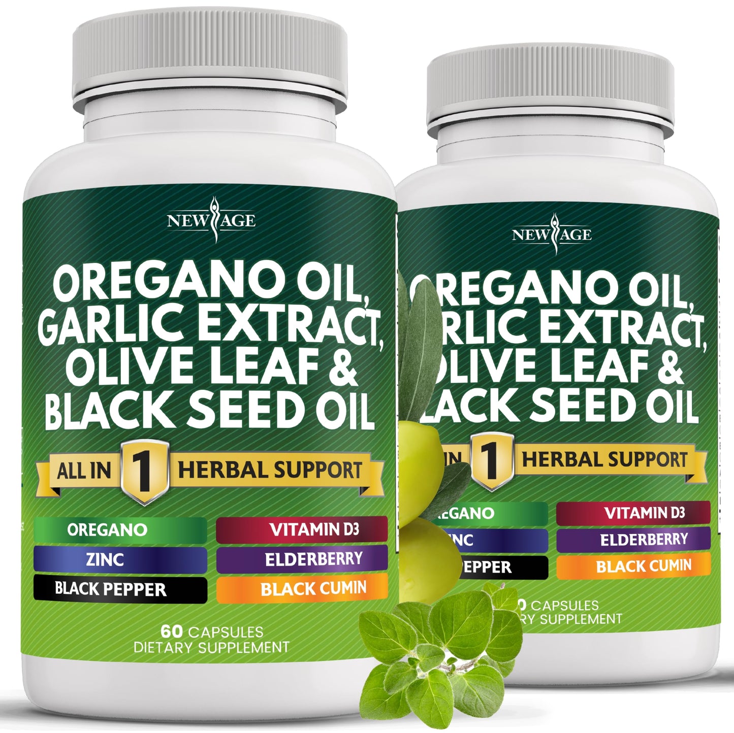 NEW AGE Oregano Oil Garlic Extract Olive Leaf with Astragalus Capsule 120 Count