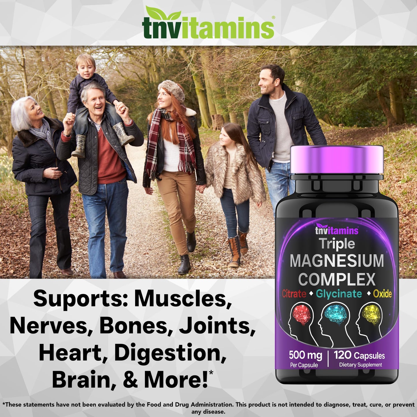 tnvitamins Triple Magnesium Complex Supplement 500mg: Magnesium Glycinate, Citrate, & Oxide, 120 Capsules